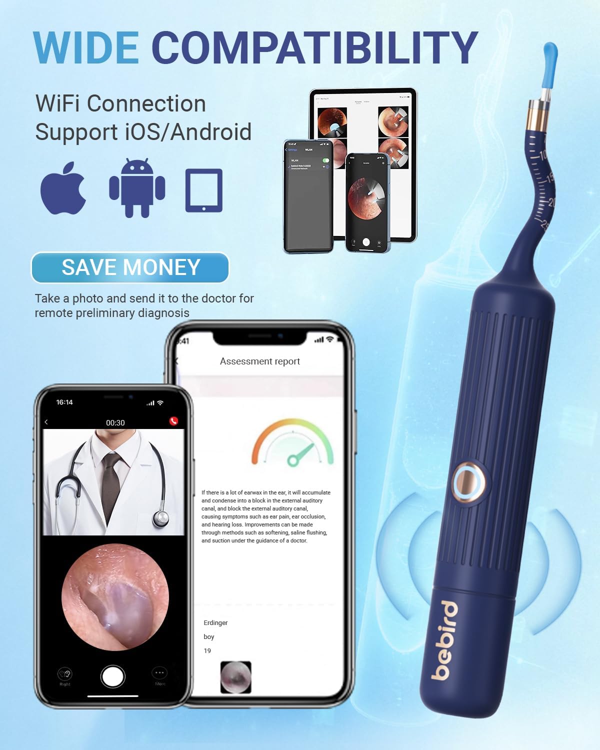 Ear Wax Removal Tool Camera, Flexible Ear Cleaner with Camera Otoscope Light, HD Painless Visual Ear Picker Tweezers Earwax Remover, Portable Safe Ear Cleaning Kit for Adults & Kids