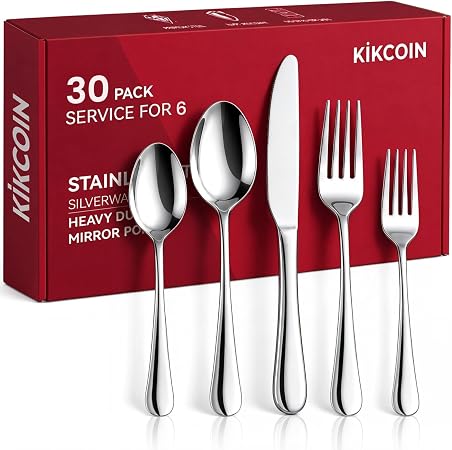 30 Pack Silverware Set for 6, KIKCOIN Food-Grade Stainless Steel
