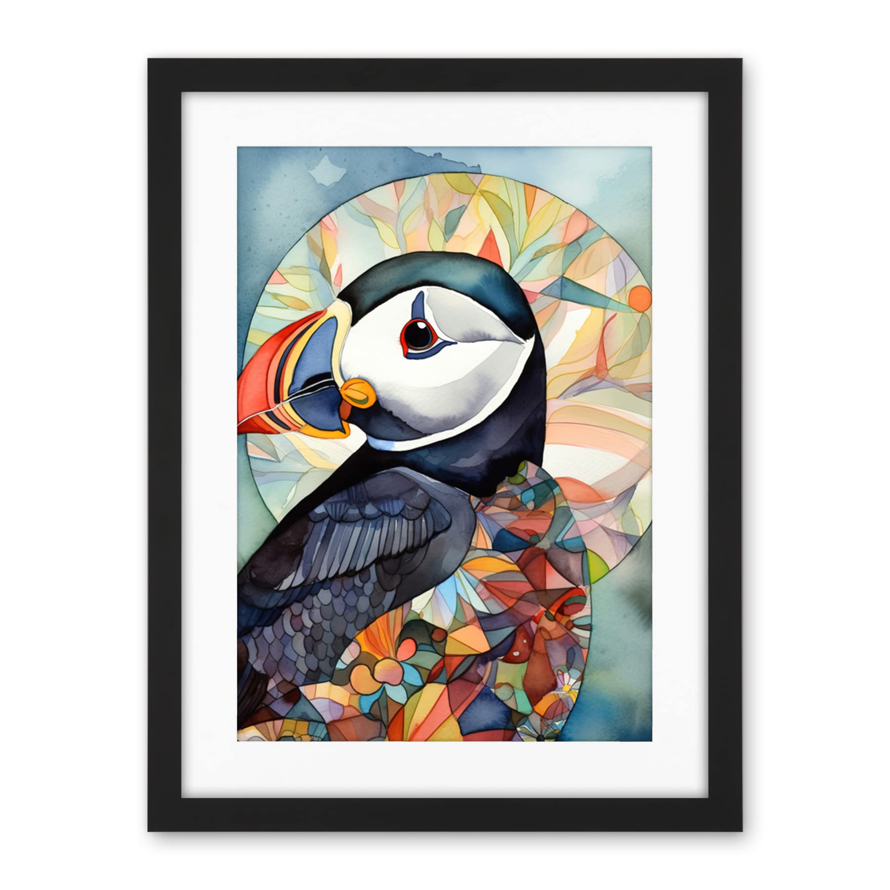 Artery8 Puffin Bird Portrait Folk Art Artwork Framed Wall Art Print 18X24 Inch