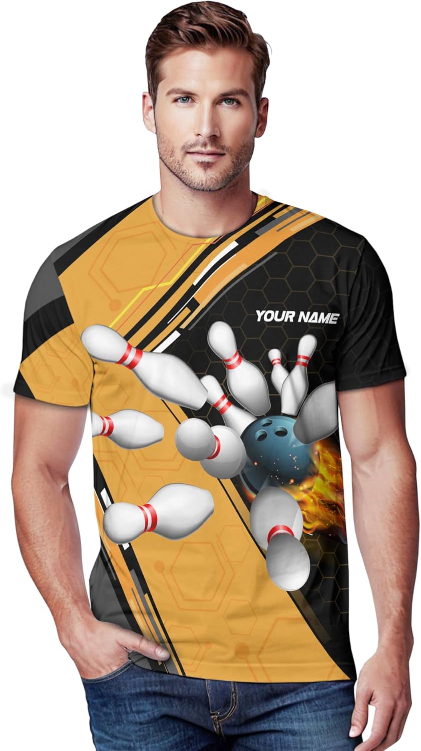 Unisex Bowling T-Shirt Custom Yellow Bowling Themed T Shirt for Grandpa Husband Printing Bowling Team Clothes
