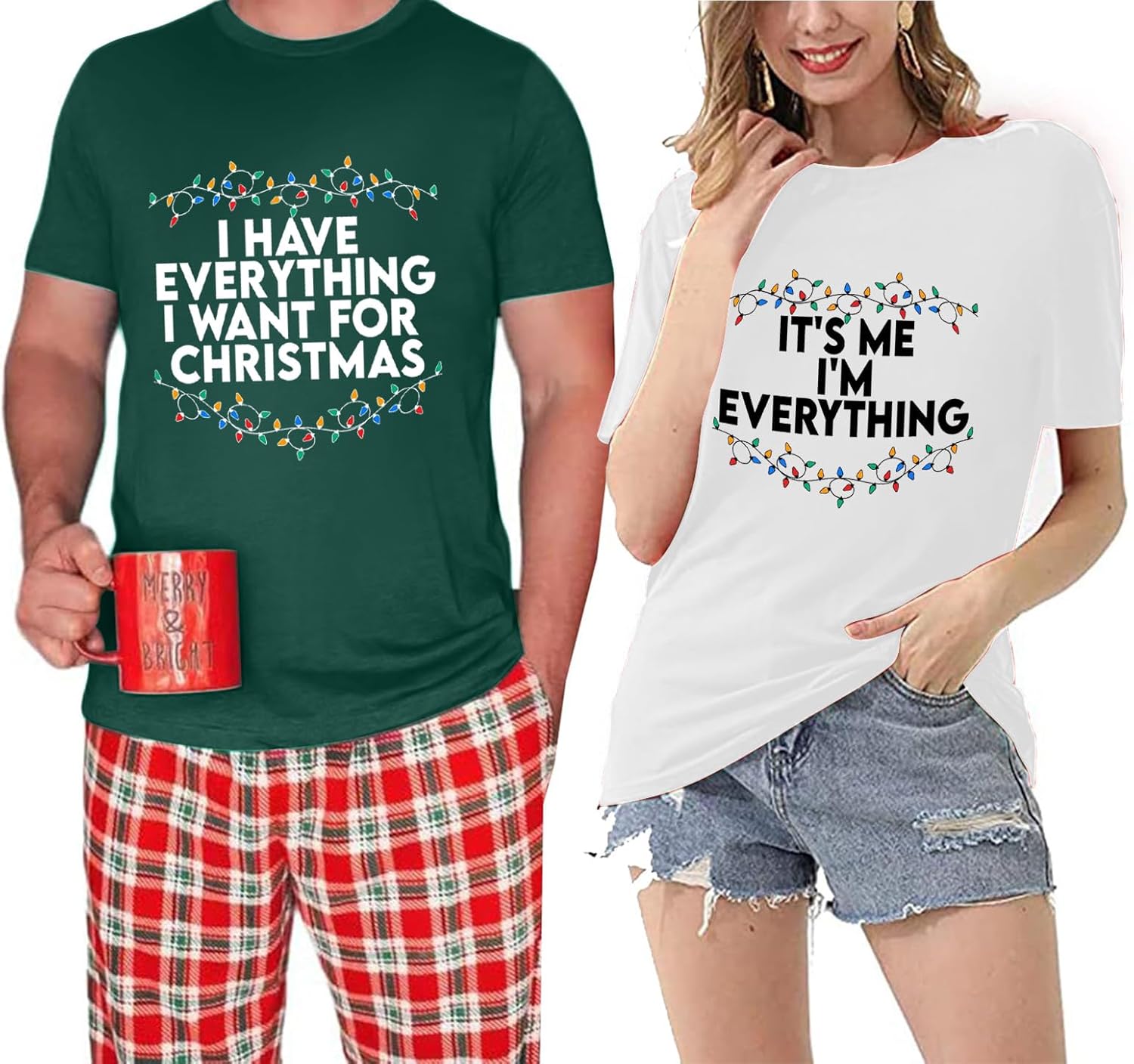 Christmas Couples Shirts His and Her Matching Xmas Outfits Sets Funny Christmas Family Pajamas Short Sleeve Tees Top