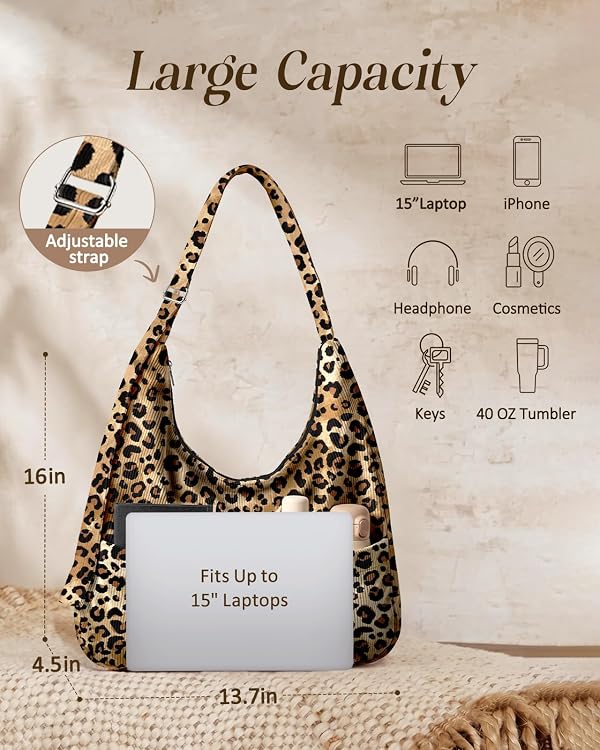 VelvetHue Large Corduroy Hobo Bags for Women, Travel Work, Leopard Print by VelvetHue - Used condition - Image 3