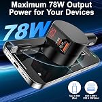 Chargeur de voiture rétractable, 3-in-1 Chargeur de téléphone voiture rapide avec affichage de tension 78W 3-Port USB C Adaptateur d'éclairage de cigarette avec rétractable USB C Câble pour iPhone 17 16 15 Pro Max,Galaxy,iPad,Pixel