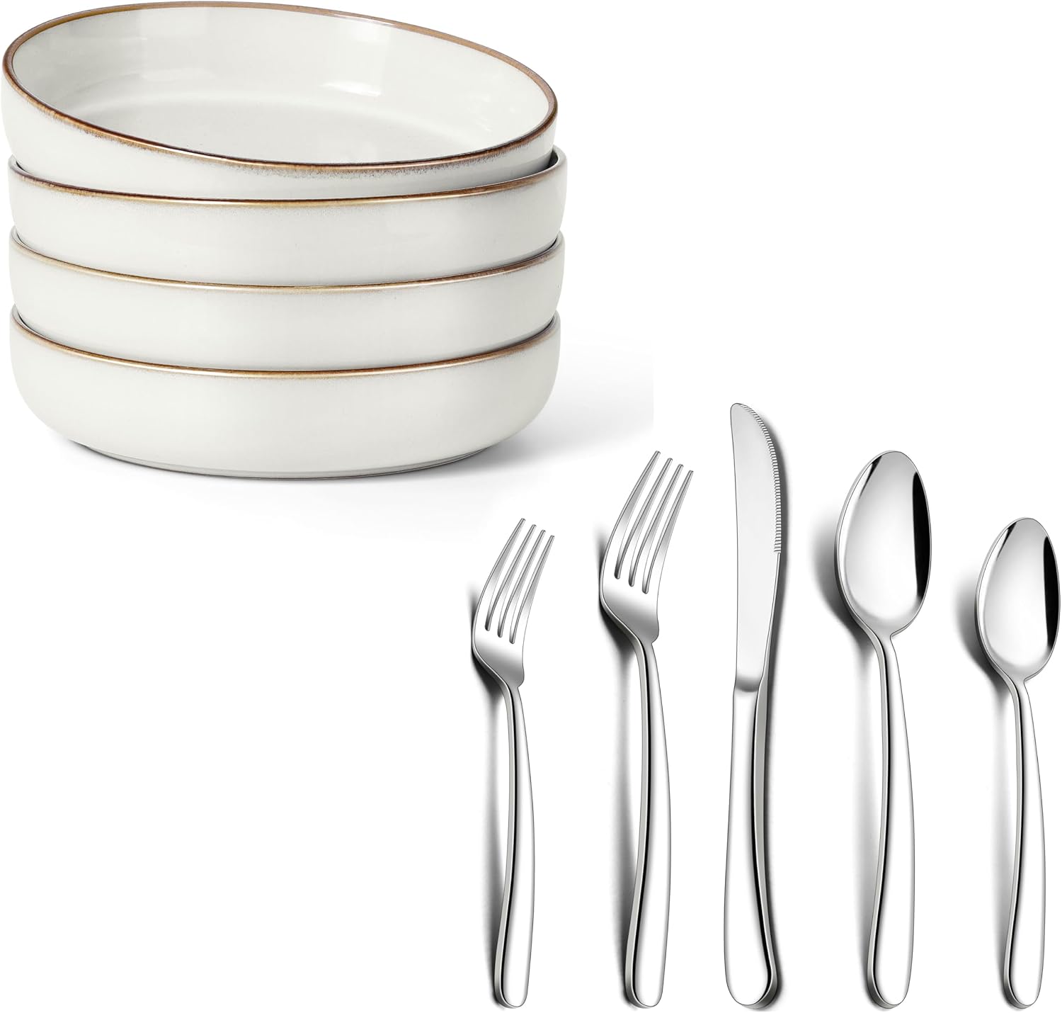 Herogo 20-Piece Heavy Duty Stainless Steel Silverware Set with 4Pcs Pasta bowl, Modern Tableware for Home Restaurant Wedding, Mirror Polished, Dishwasher Safe