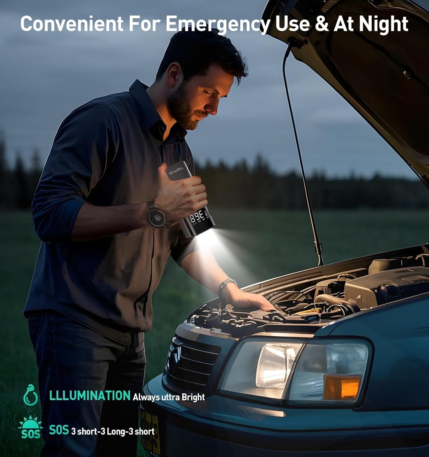 Man using Teffim portable tire inflator with LED light to illuminate car engine bay
