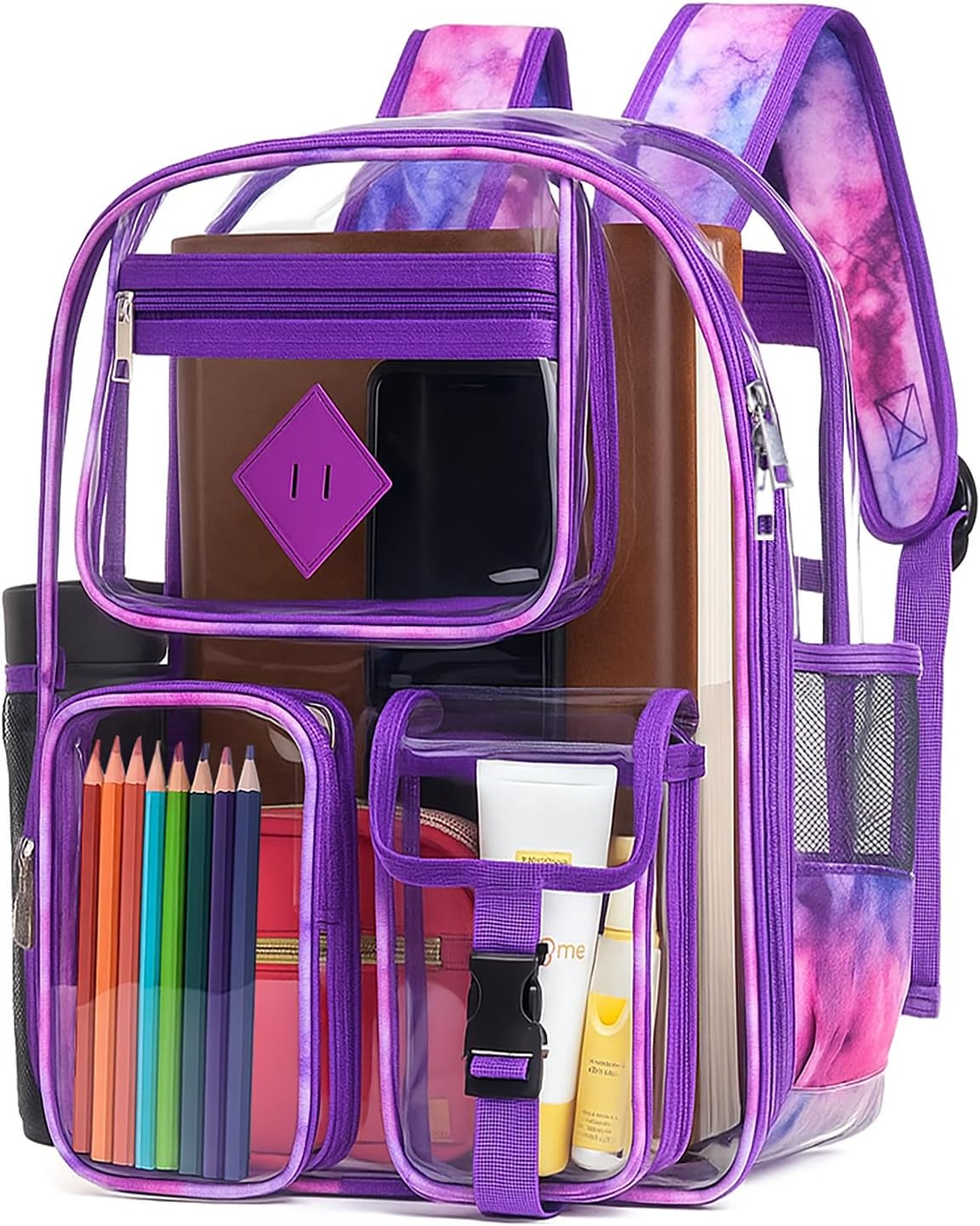 Clear Backpack-Heavy Duty PVC clear backpack for Stadium/Travel/Work,Dual Zippered Compartments&Mesh Side Pockets (purple)