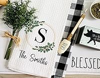 Vista 2 de Personalized Kitchen Greenery Wreath Tea Towel, Waffle Weave Tea Towel, Housewarming Gift, Farmhouse Decor, Wedding Gift