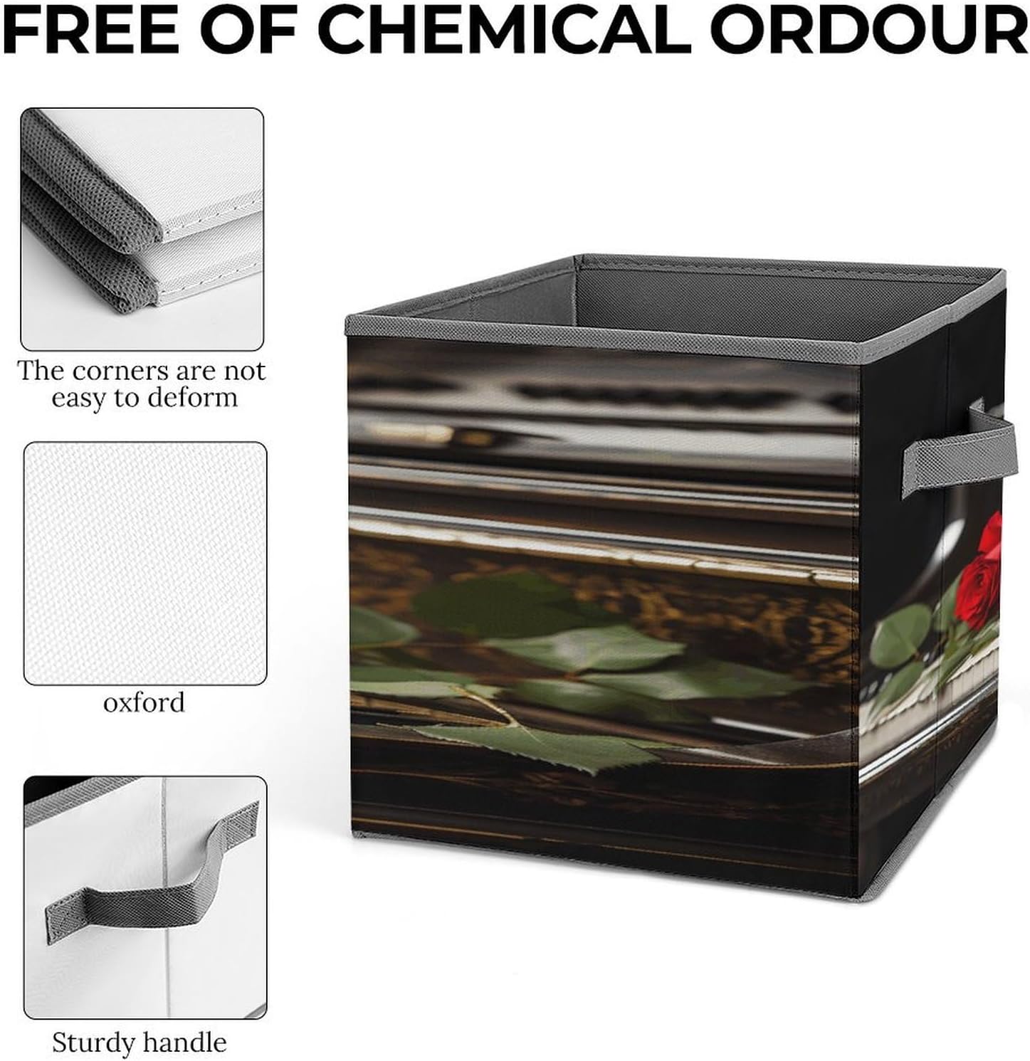 Red Rose on Piano Fabric Bins Storage Basket Square Baskets | Storage Bin with Double Handles,Cube Collapsible Organizers for Organization,Closet,Shelves,Offices