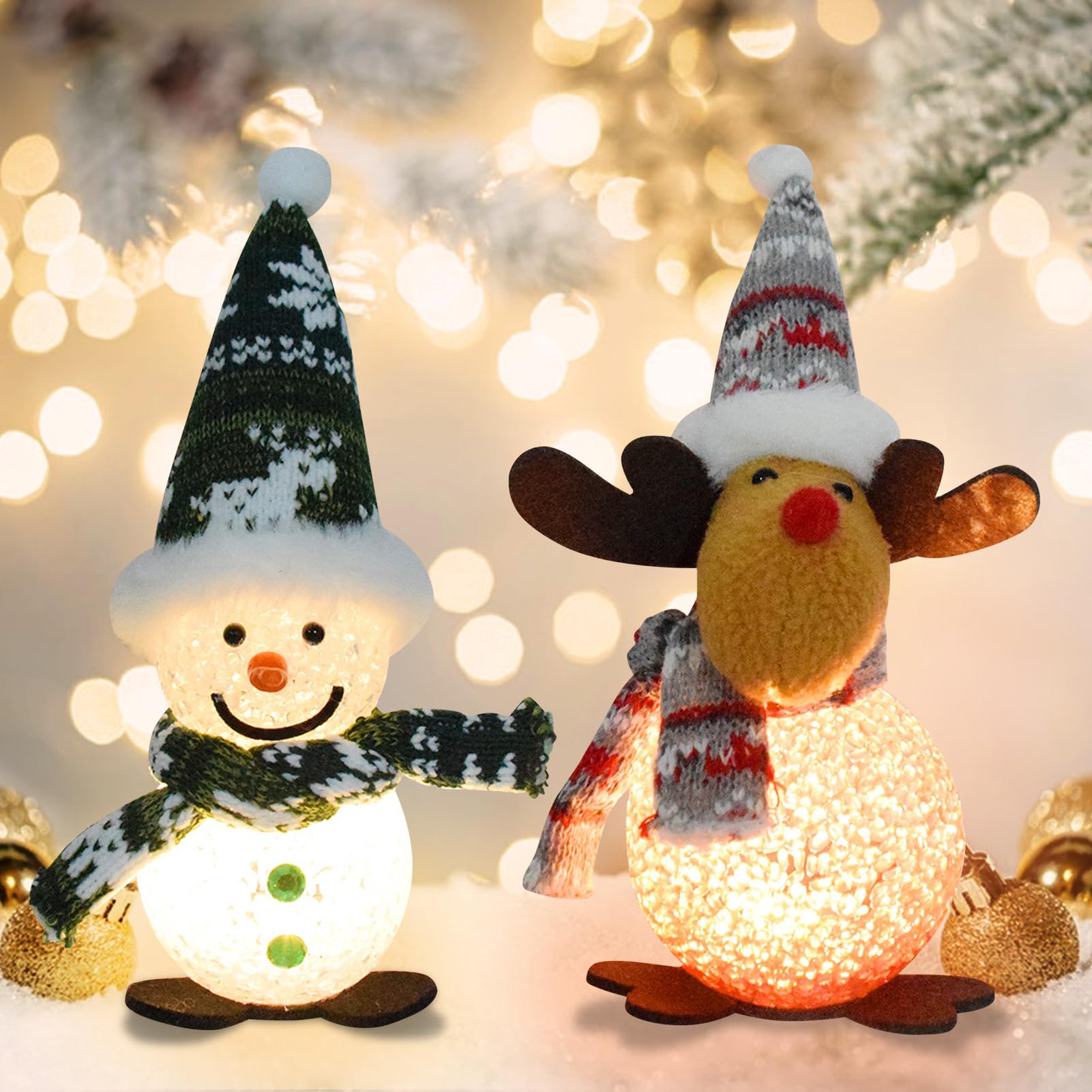 Figuras de muñeco de nieve con luz LED, 2 unidades, figuras de muñeco de nieve, decoración de mesa, funciona con pilas, figura decorativa para decoración de Navidad, interior, chimenea, oficina,