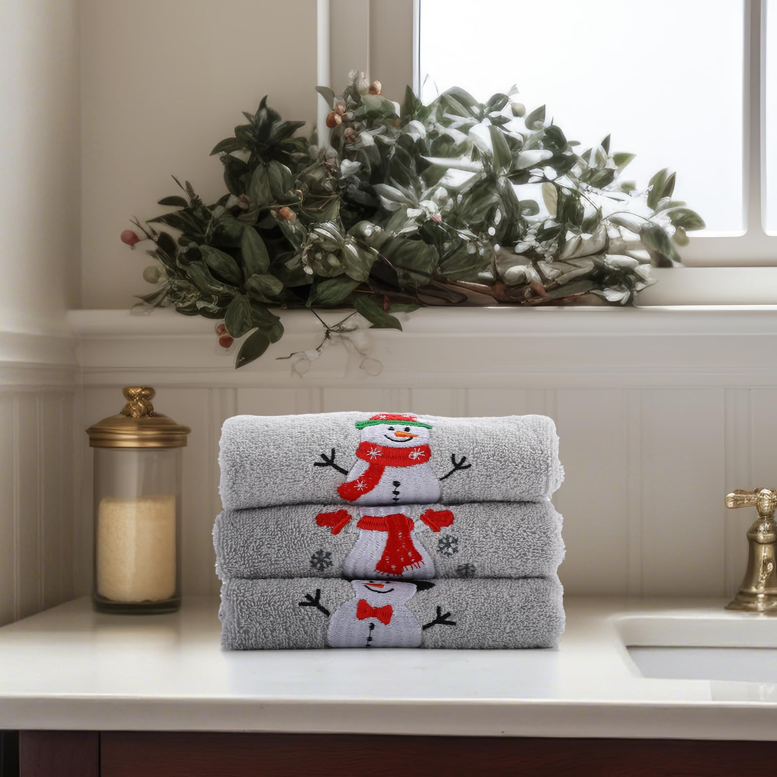 SmoothNovelty 3 asciugamani natalizi con pupazzo di neve per il bagno, in cotone, ricamati, con pupazzo di neve, 33,8 x 74,9 cm, per bagno, doccia, decorazione natalizia per l'inaugurazione della casa