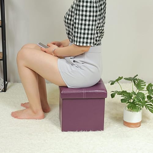 Miniatura 4 de B FSOBEIIALEO Otomana plegable de almacenamiento, reposapiés de piel sintética, mesa de café, juguete para niños, color morado, 11.8 x 11.8 x 11.8