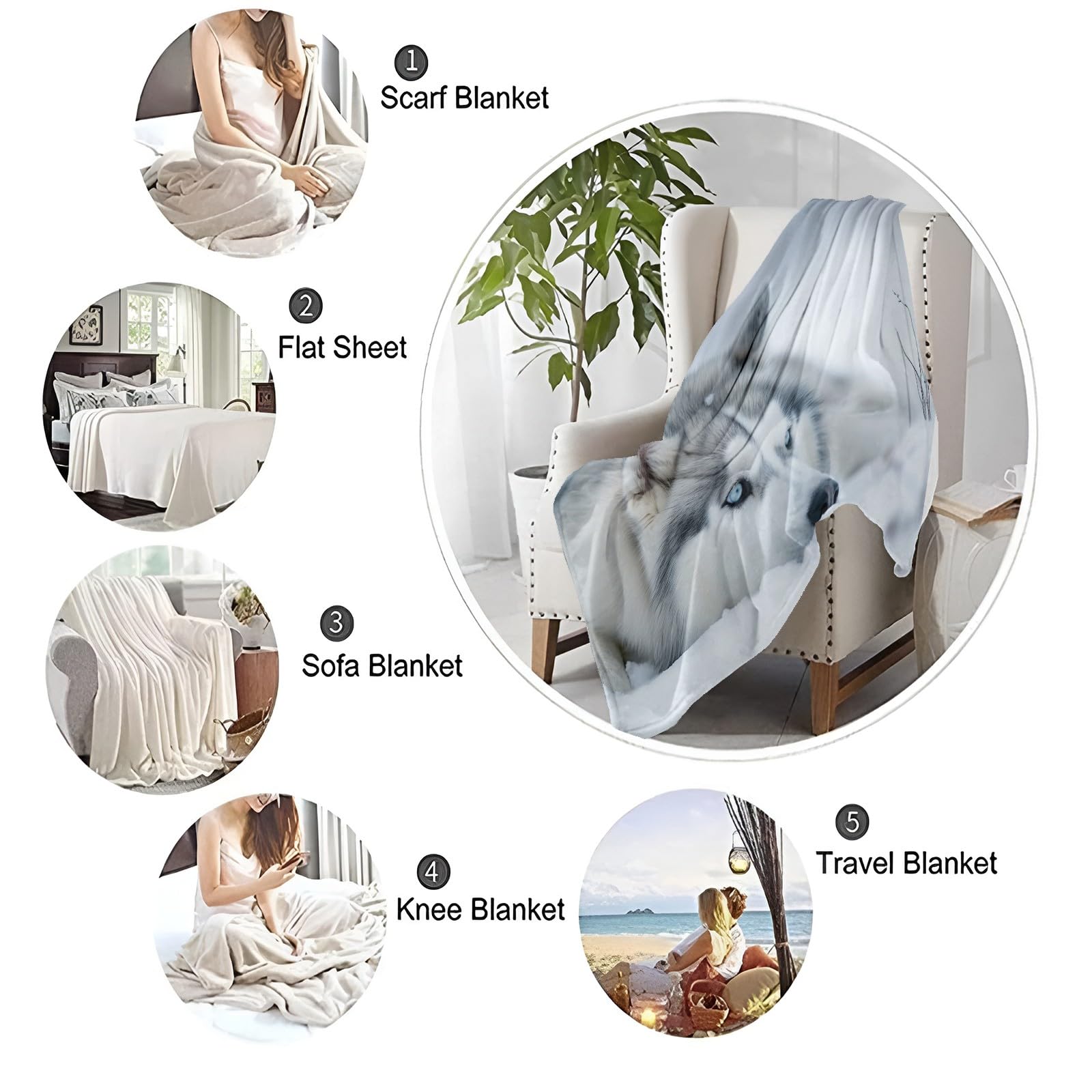 Générique Plaid Couverture Polaire Flanelle Husky des Neiges 180x220 cm Imprimé 3D Couverture de Canapé Jeté de Lit Couverture de Voyage Douce et Chaude pour Adulte et Enfants