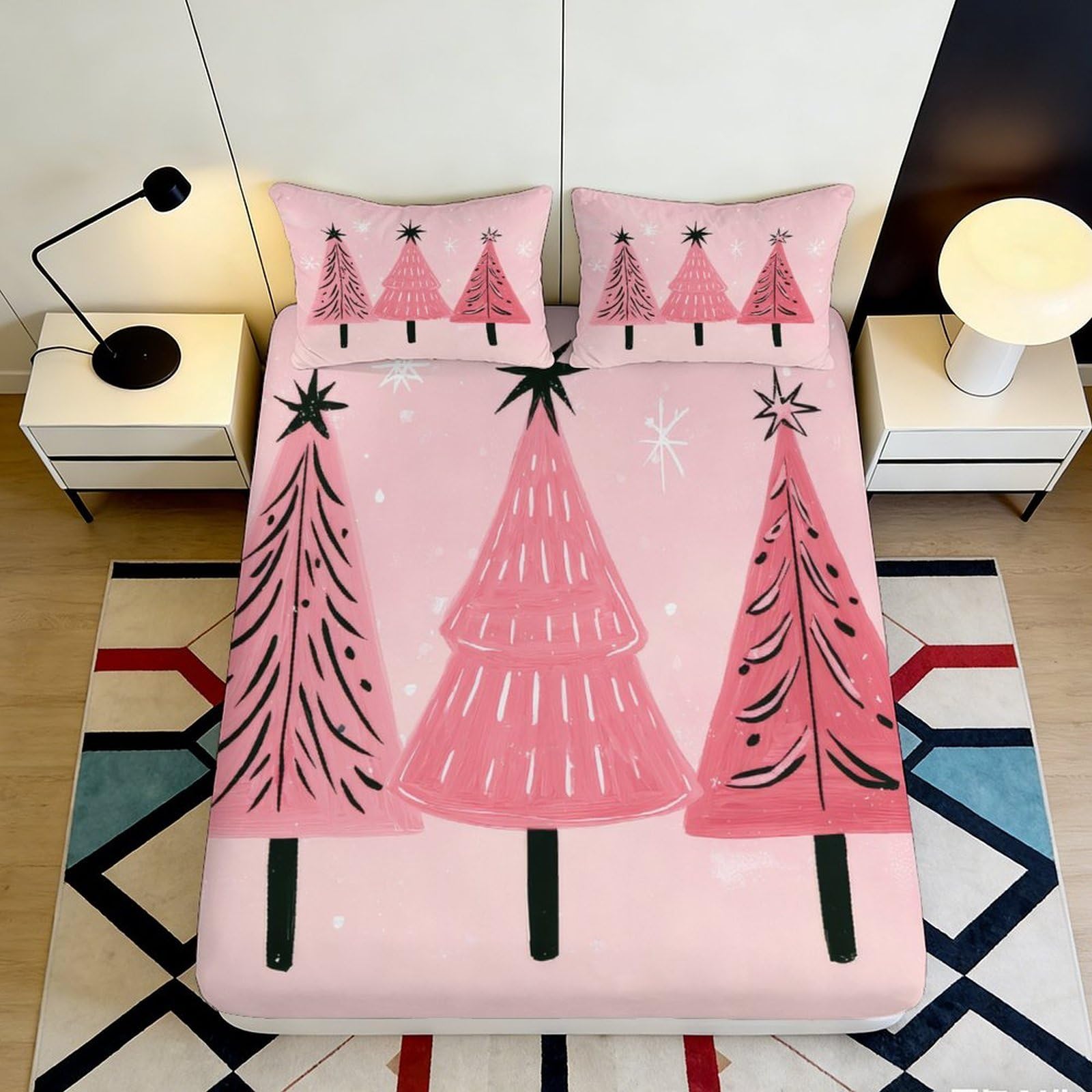 3D Printed Christmas Reindeer Fitted Sheet Microfiber Deep Pocket Non-Slip Holiday Mattress Fitted Cover Washable 160x200x25cm