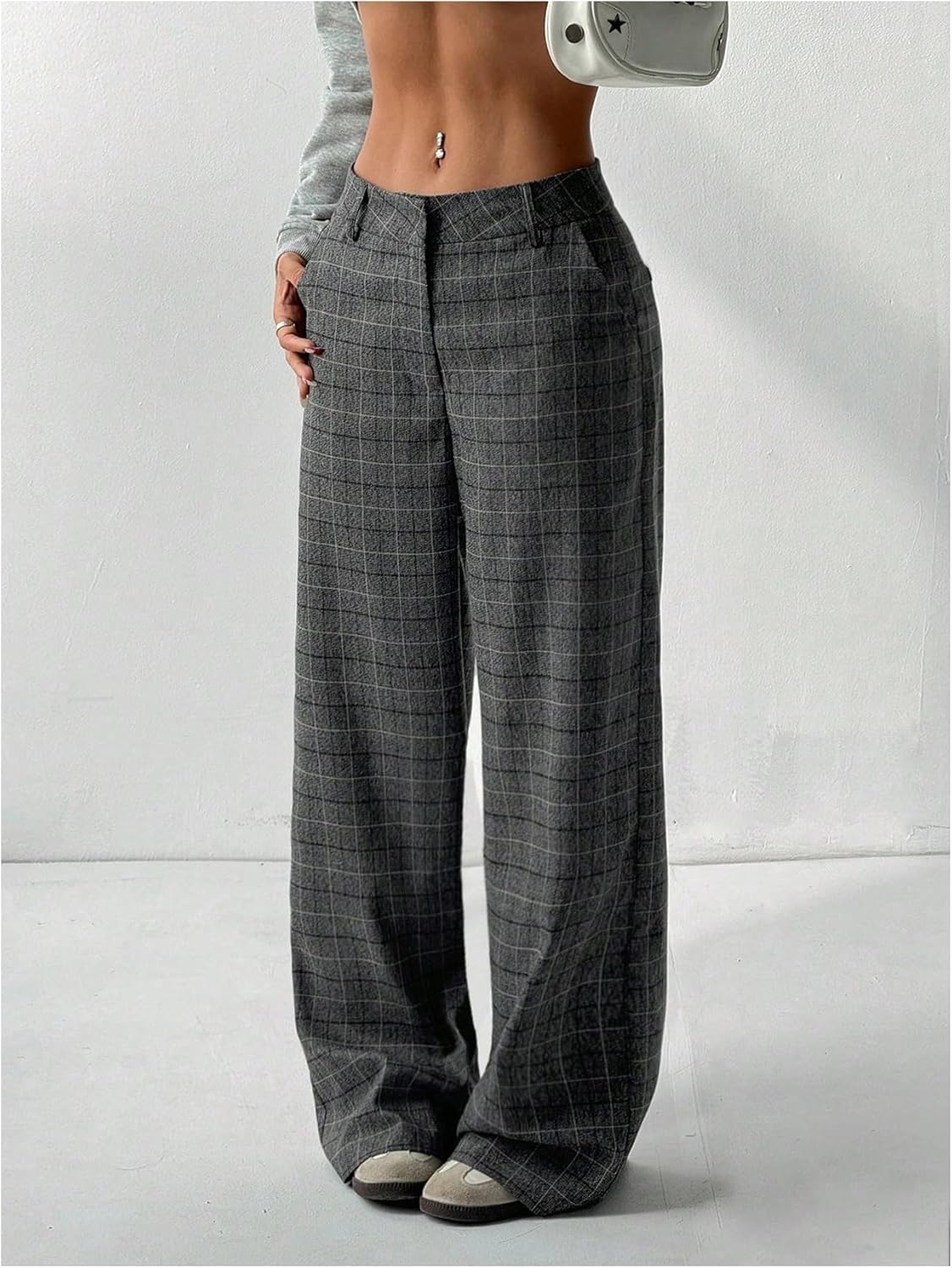MakeMeChic Women's Plaid Wide Leg Pants Low Waist Business Trousers with Pockets - Image 3