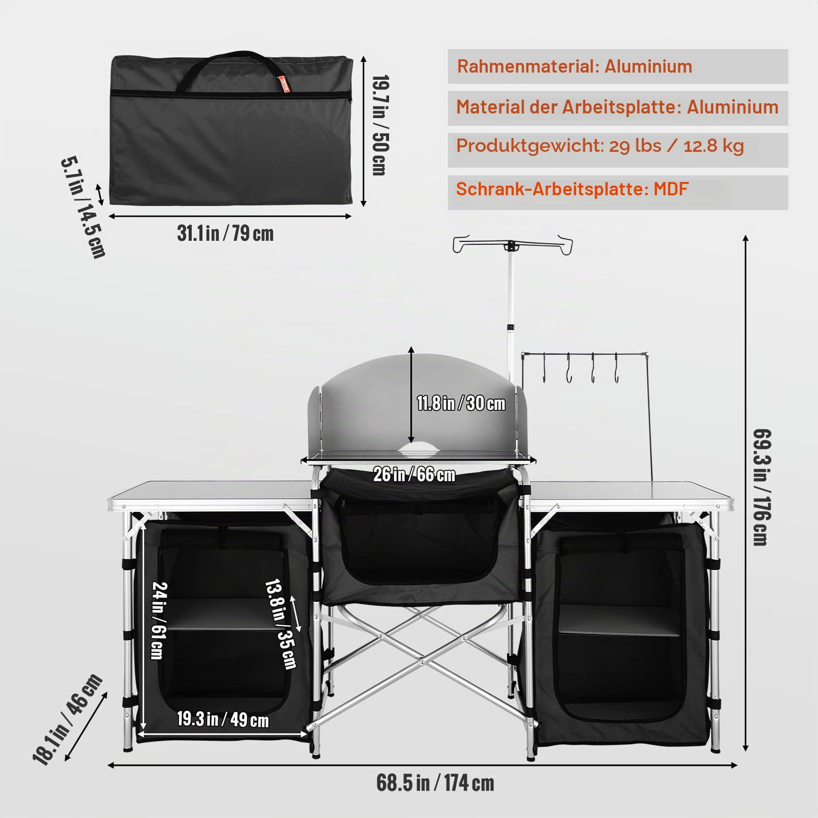 VEVOR Camping-Küchentisch, Klappbarer Outdoor-Kochtisch mit Aufbewahrungstasche, Aluminium-Kochstation mit 3 Schränken und Abnehmbarer Windschutzscheibe, Schneller Aufbau für Picknicks usw.
