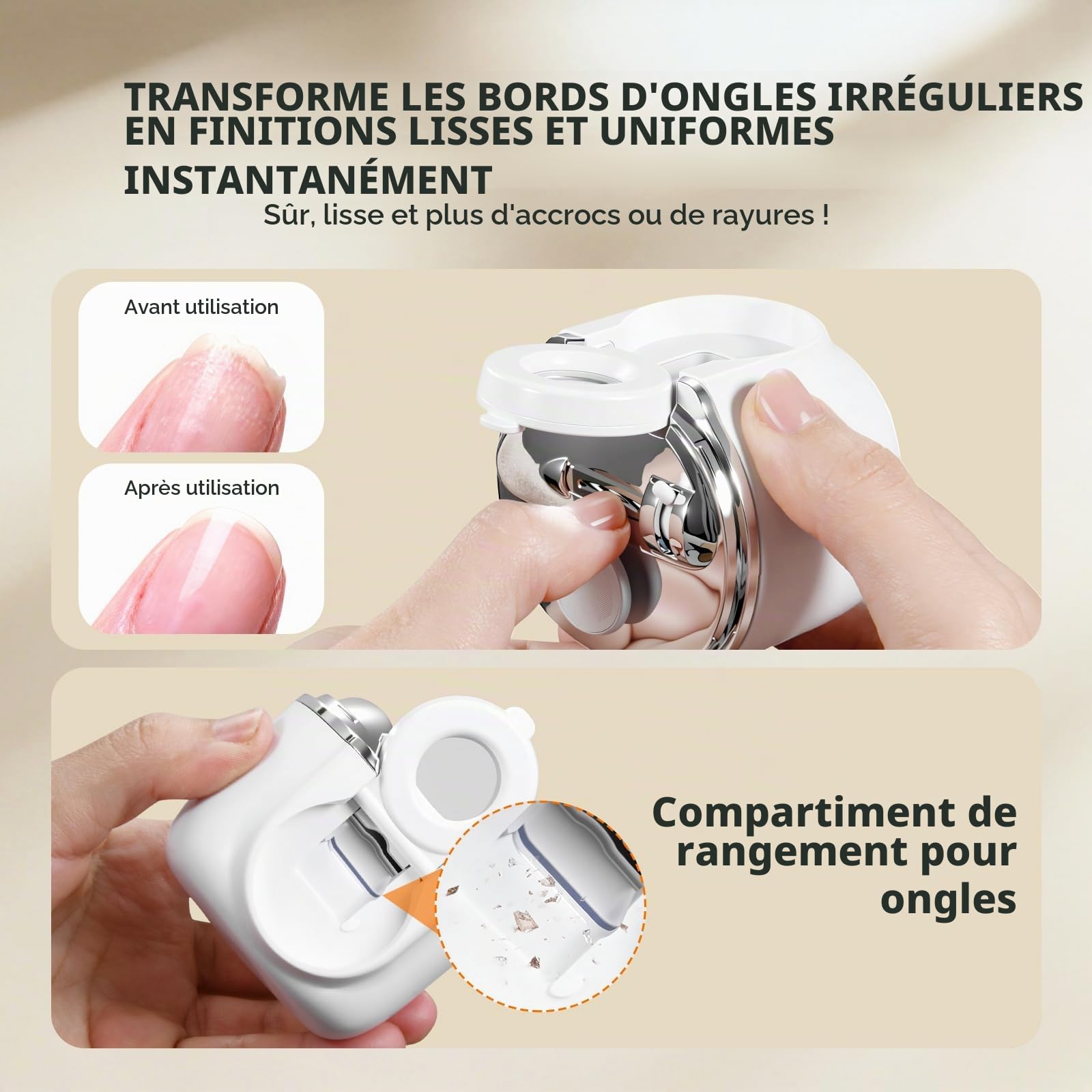 Coupe Ongle Électrique, Coupe-ongles automatique avec loupe à lumière LED, Coupe et Polissage automatiques + Rangement pour les résidus d'ongles, 3 Vitesse + écran numérique (Blanc)