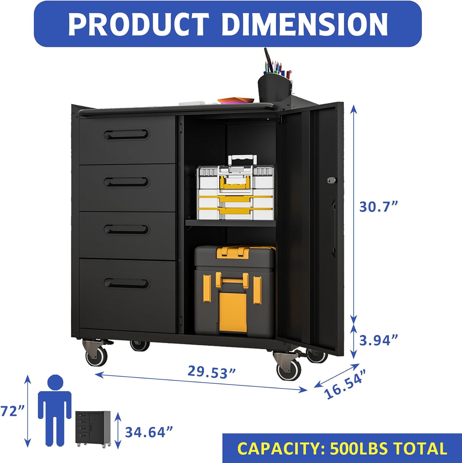 Anwick Metal Storage Cabinet with 4 Drawers and Adjustable Shelves, Rolling Garage Cabinets, Lockable Filing Cabinets for Home Office Basement (Black)