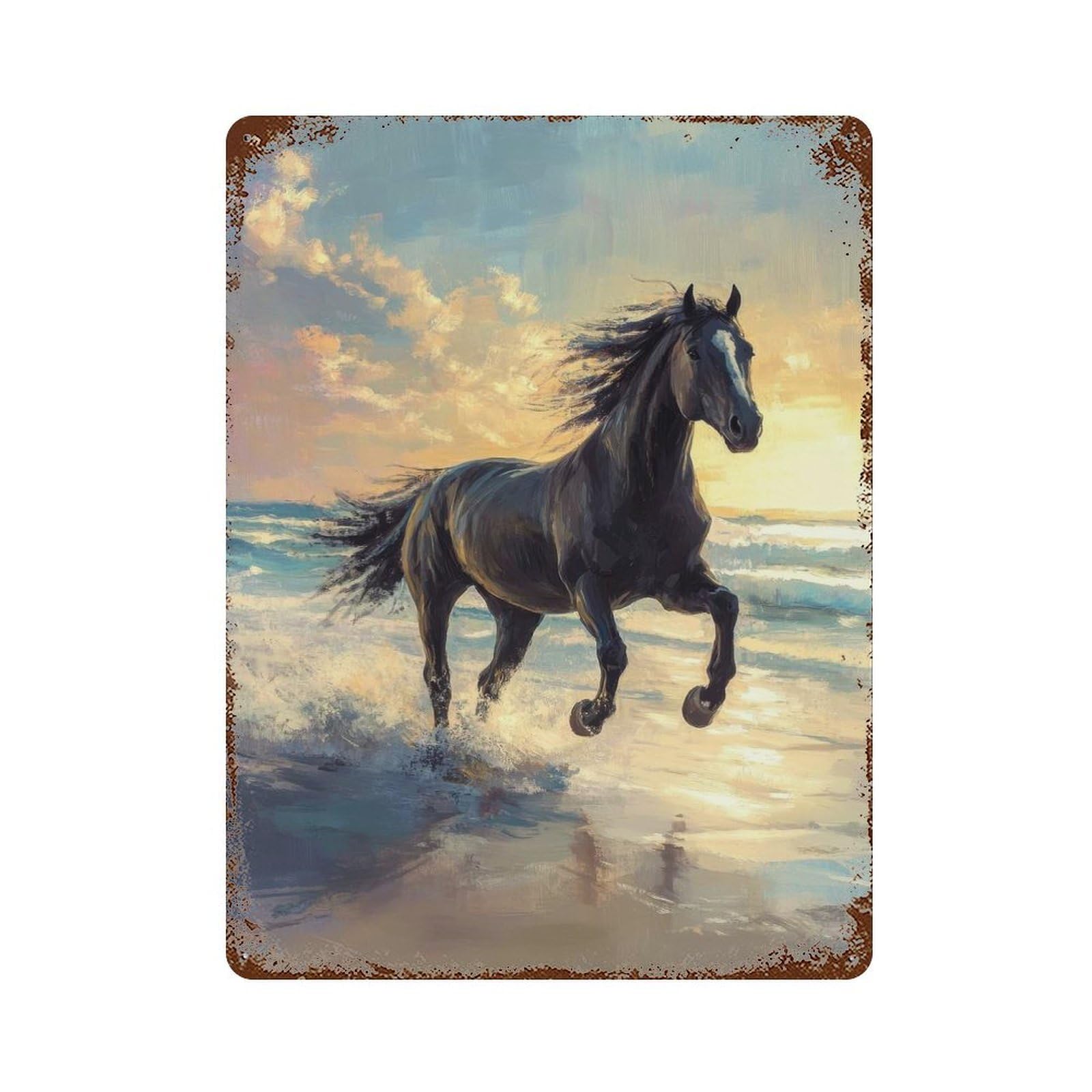 Retro Metal Sign Black Horse Freedom by The Sea 15.7"x11.8", Retro Wall Decor for Living Room, Hallway And Home Decor