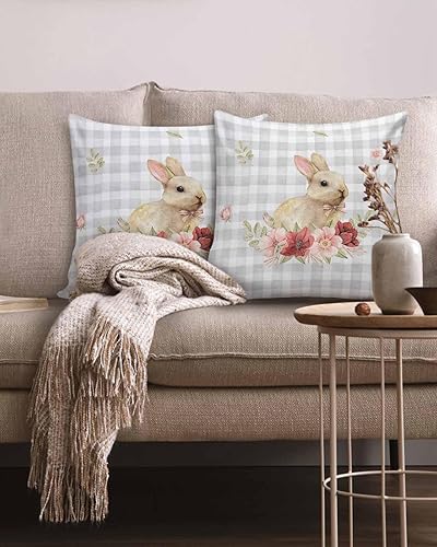 Miniatura 2 de Pack of 2 Cotton Throw Pillow Covers, Happy Easter Bunny Buffalo Plaid Spring Florals Soft Square Pillow Covers Home Decoration Pillowcases for