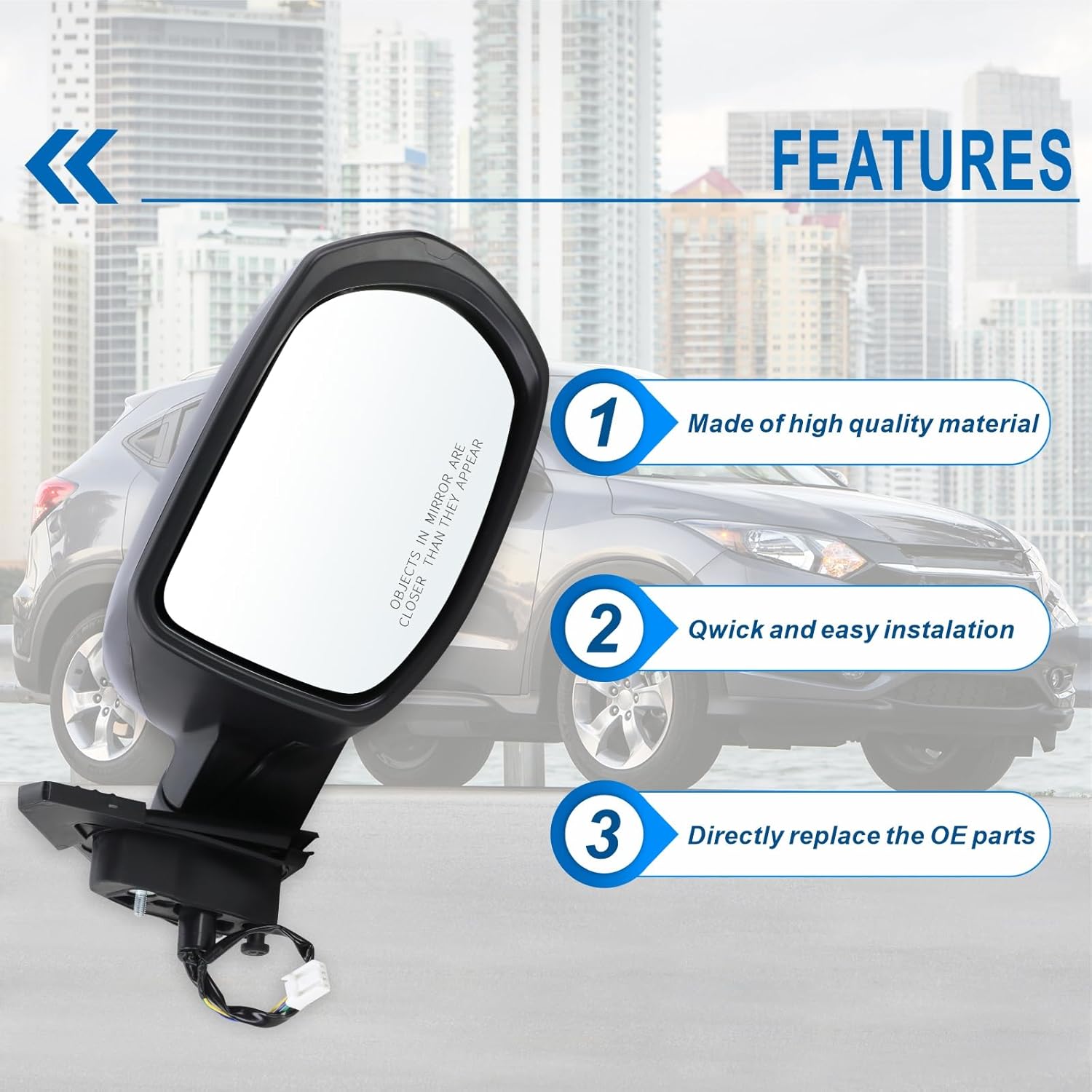 Right Passenger Side Mirror Compatible With 2016 2017 2018 2019 2020 2021 2022 Honda HRV HR-V With Power Glass Manual Folding Black Replace#76208T7WA72(3Pins)