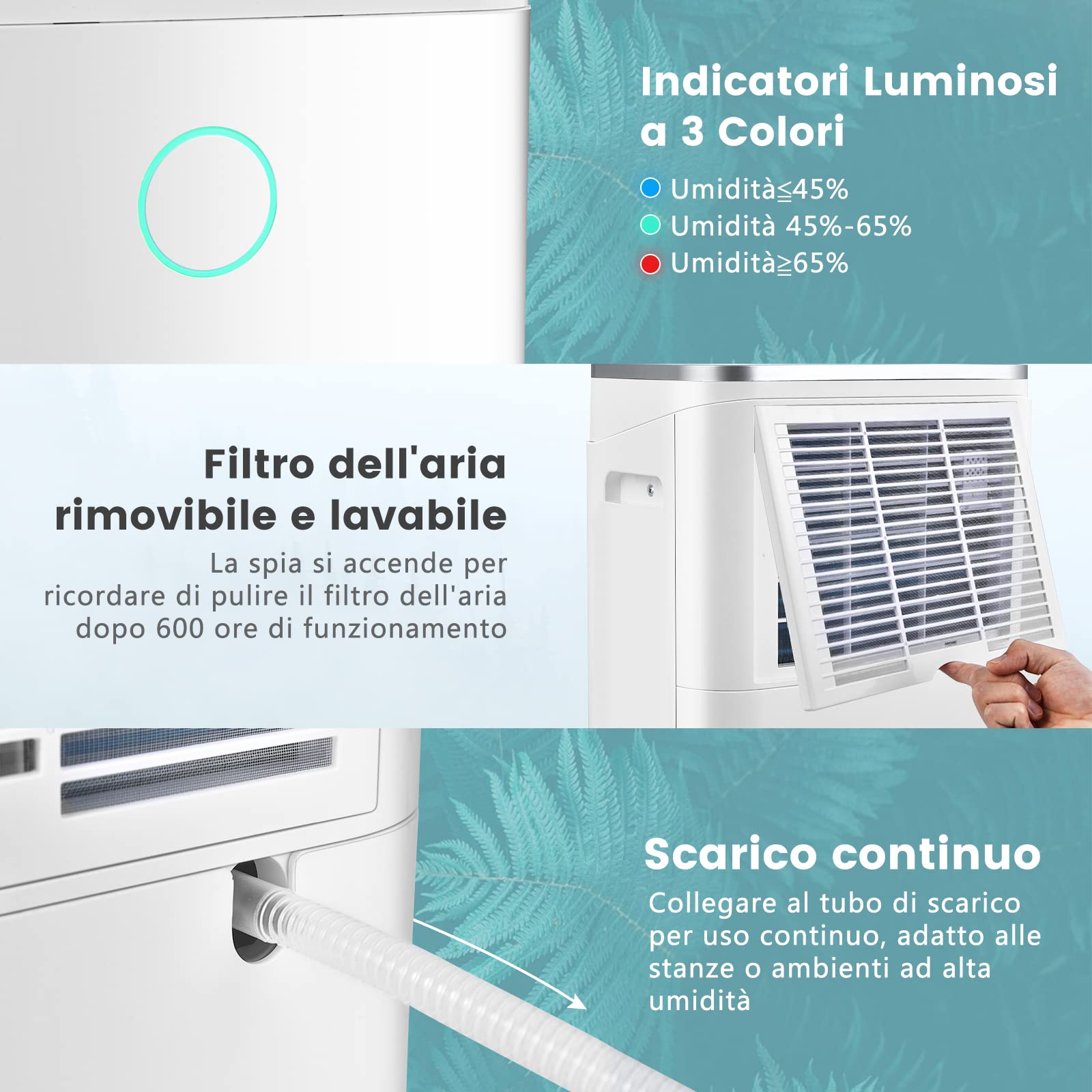COSTWAY Deumidificatore Casa 25 L al Giorno, con Tubo di Scarico, Scarico Automatico o Manuale, Timer 24 ore, Protezione Straripamento e Serbatoio dell’Acqua 6,5 L per Spazi Fino a 30 m2