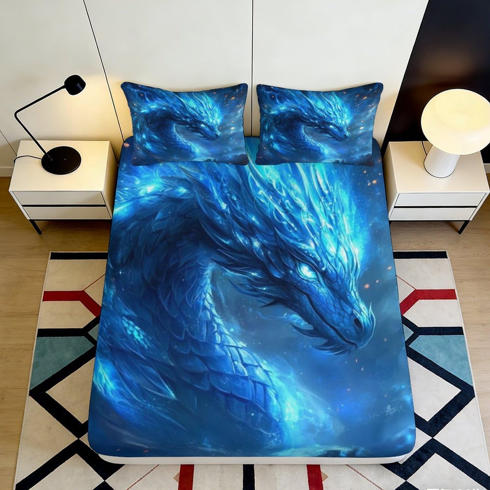 Uynsixtme Style-5 3D Printed Blue Dragon Fitted Sheet Microfiber Deep Pocket Non-Slip Bedding Blue Dragon Mattress Fitted Cover Washable 200X200x25cm