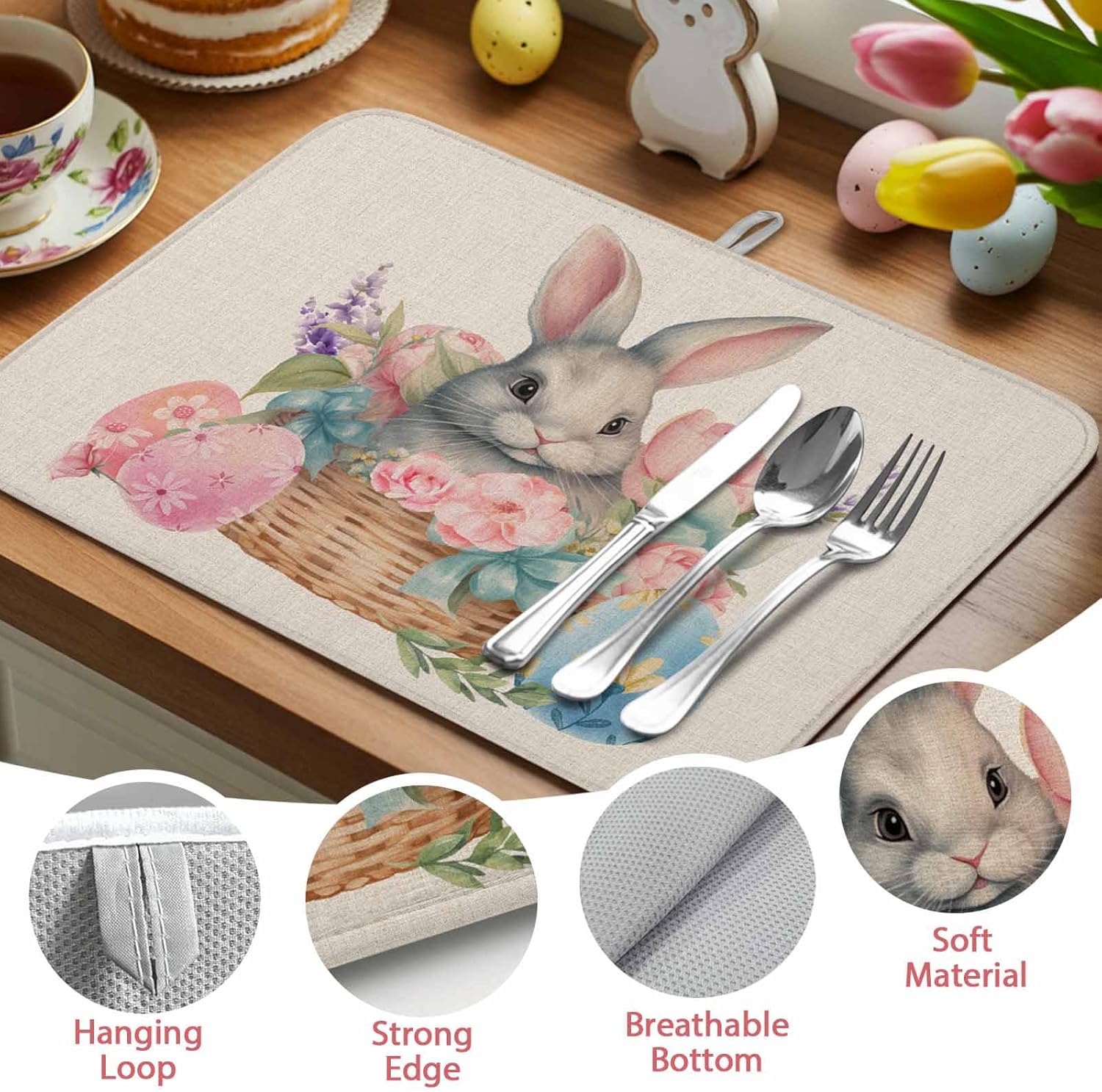 Absorbent Dish Drying Mat for Kitchen Counter,Easter Egg Cute Bunny on Basket Microfiber Quick Dry Pad Dishes Drainer Rack Mats for Under Sink Utensils 18x24in,2 Pack,Colorful Flower on Burlap