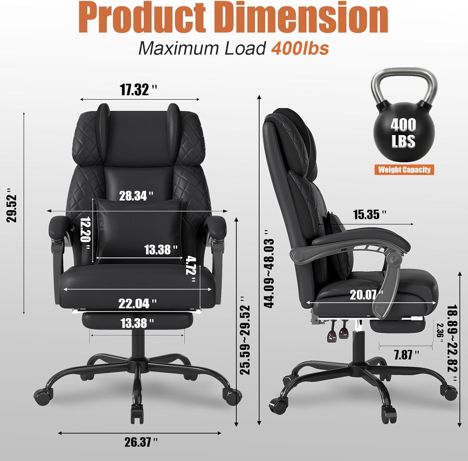 Ergonomic Office Chair with Footrest, 400lbs High Back Executive Home Office Computer Chair with Unique Ear-Shape Headrest for Neck Support,Black Leather Office Chairs for Home Office Work