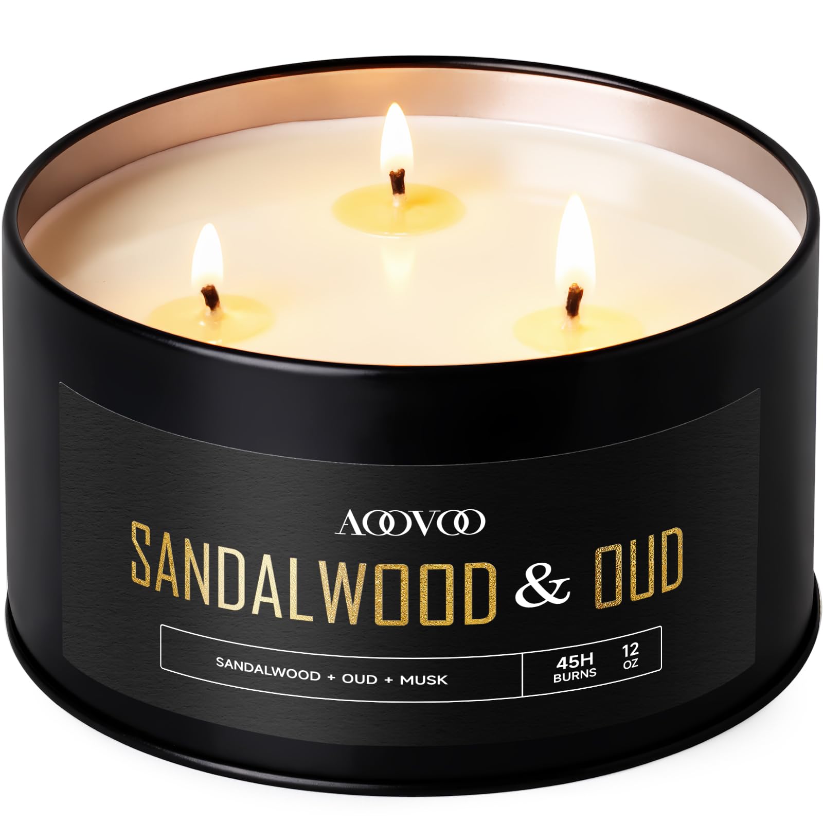 AOOVOO Sandalwood Oud Candles for Men - 3 Wick 12oz Black Scented Candle