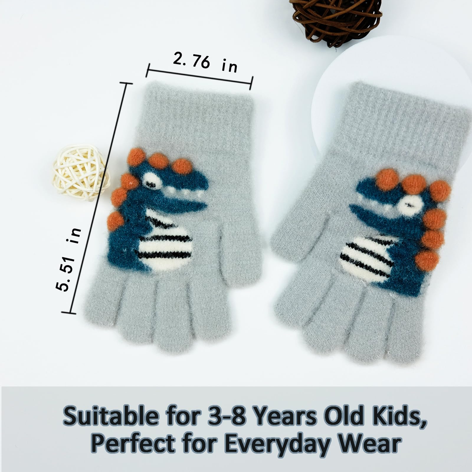 QKURT 3 Pares de Guantes para niños de 3-8 años, Lindos Guantes de Dinosaurio de Dibujos Animados Guantes mágicos cálidos de Invierno Guantes para niños con Dedos Completos para niños y niñas
