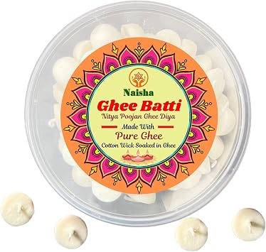 NAISHA Pack of 100 Pure Ghee Wicks for Puja, Ready-to-Use Diya Batti, 30-Min Burn Time, Wax-Free Cotton Wicks, Ideal for Pooja, Meditation, Diwali, and Housewarming Gift. Wick Soaked in Ghee
