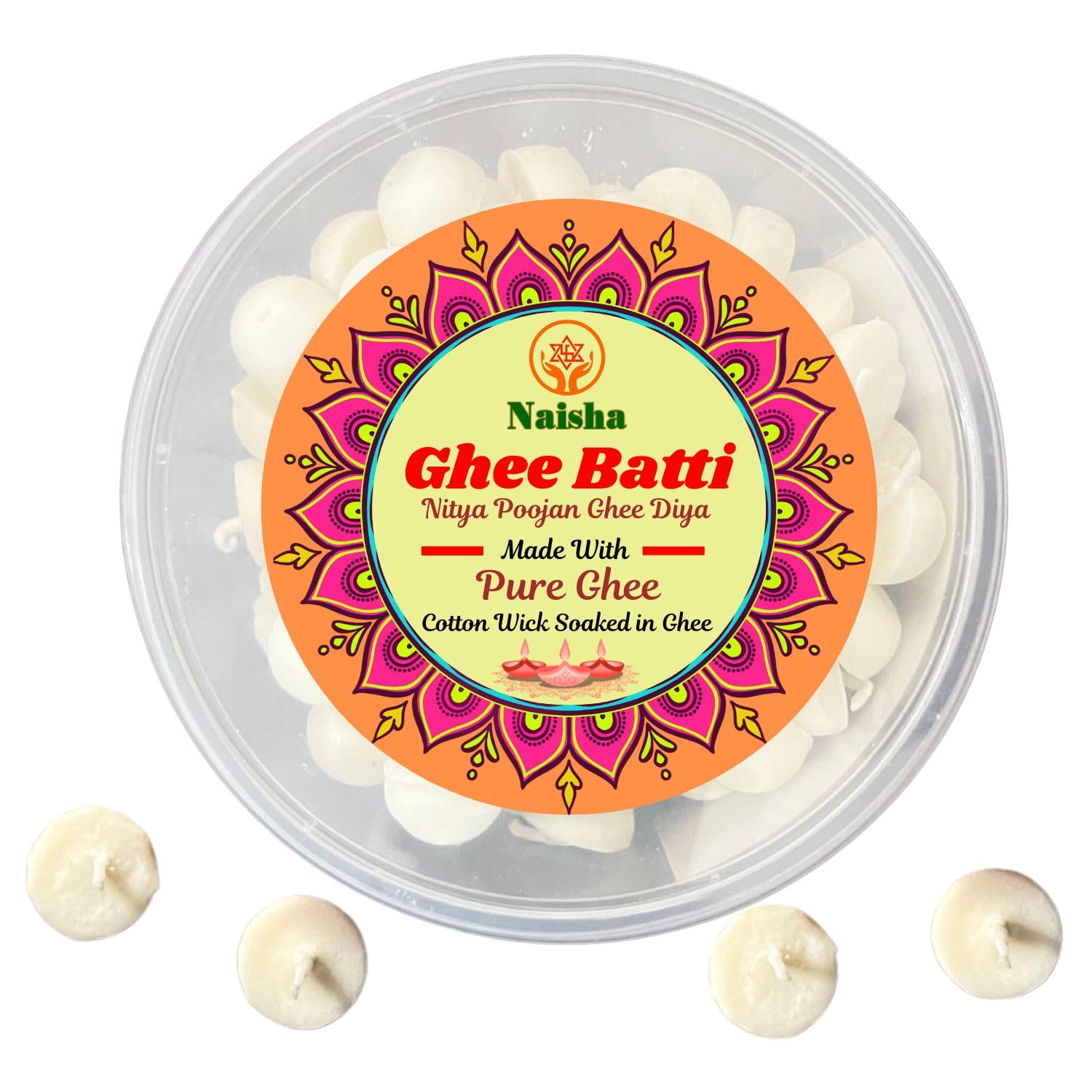 NAISHA Pack of 100 Pure Ghee Wicks for Puja, Ready-to-Use Diya Batti, 30-Min Burn Time, Wax-Free Cotton Wicks, Ideal for Pooja, Meditation, Diwali, and Housewarming Gift. Wick Soaked in Ghee