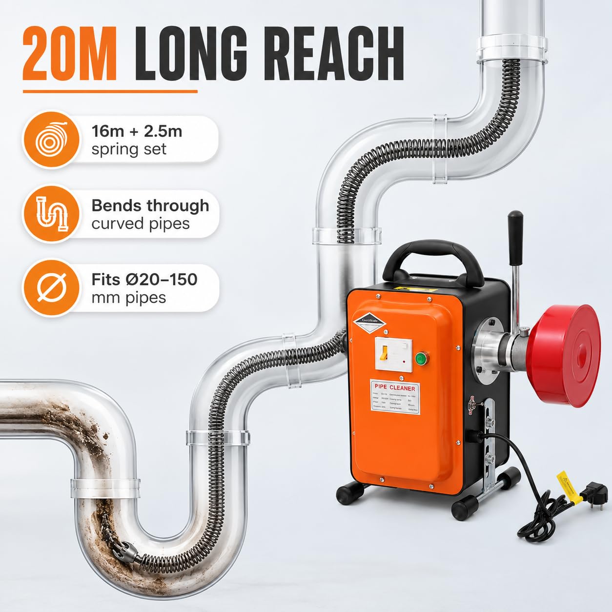 Desatascador eléctrico de tubería 750W, hurón Desatascador profesional de 20 m, máquina de limpieza de mangueras 400 RPM con muelles y guantes para fregadero de inodoro alcantarillado cocina baño