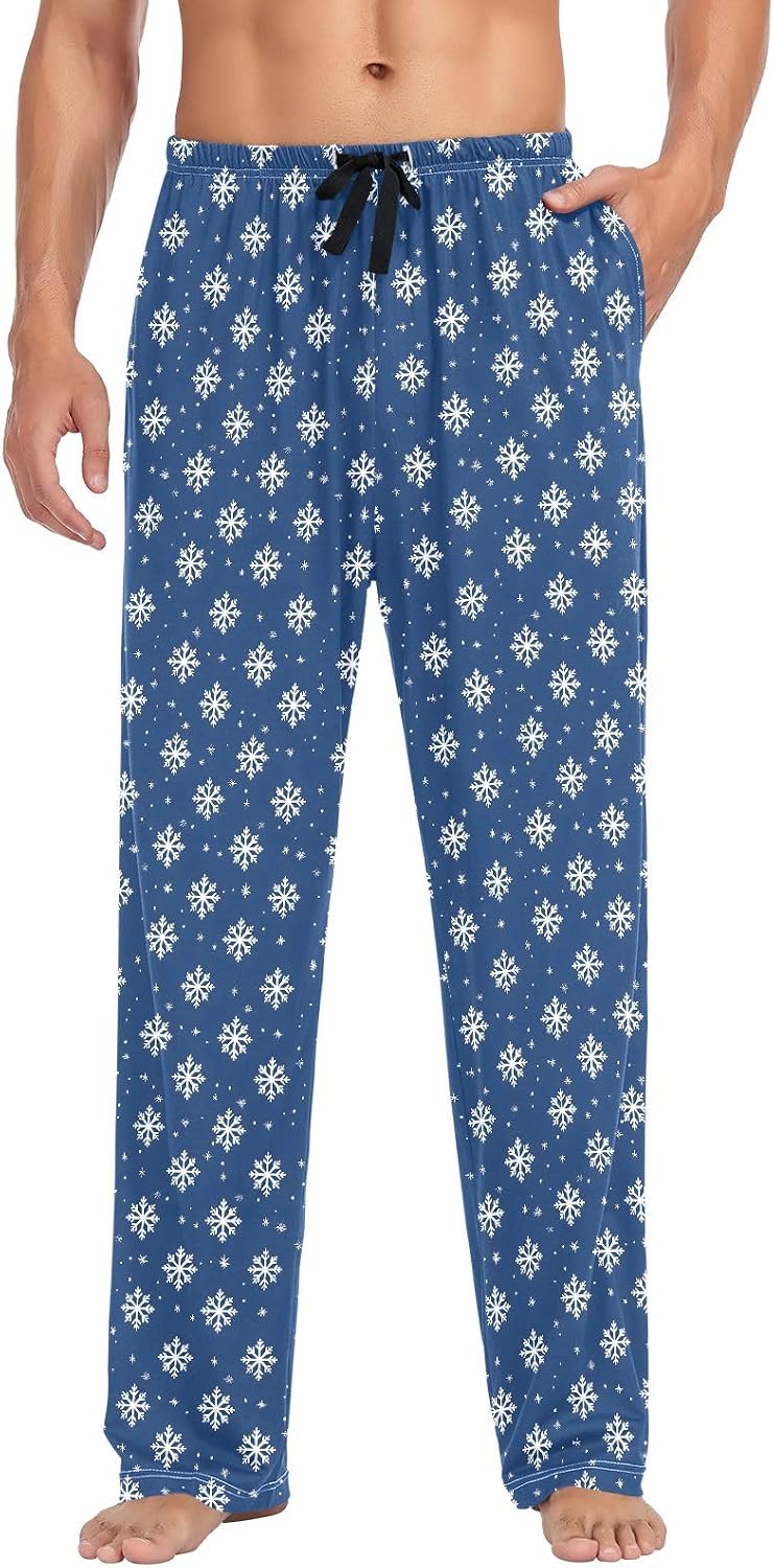 Navy Winter Snowflake Men Pajama Pants Lounge Pajama Bottoms with Pockets Drawstring Sleep Lounge