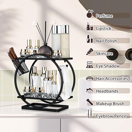 Miniatura 4 de OPELETNNT Organizador de maquillaje de 2 niveles con soporte para brochas de maquillaje, organizador de perfume de metal para tocador, bandeja de