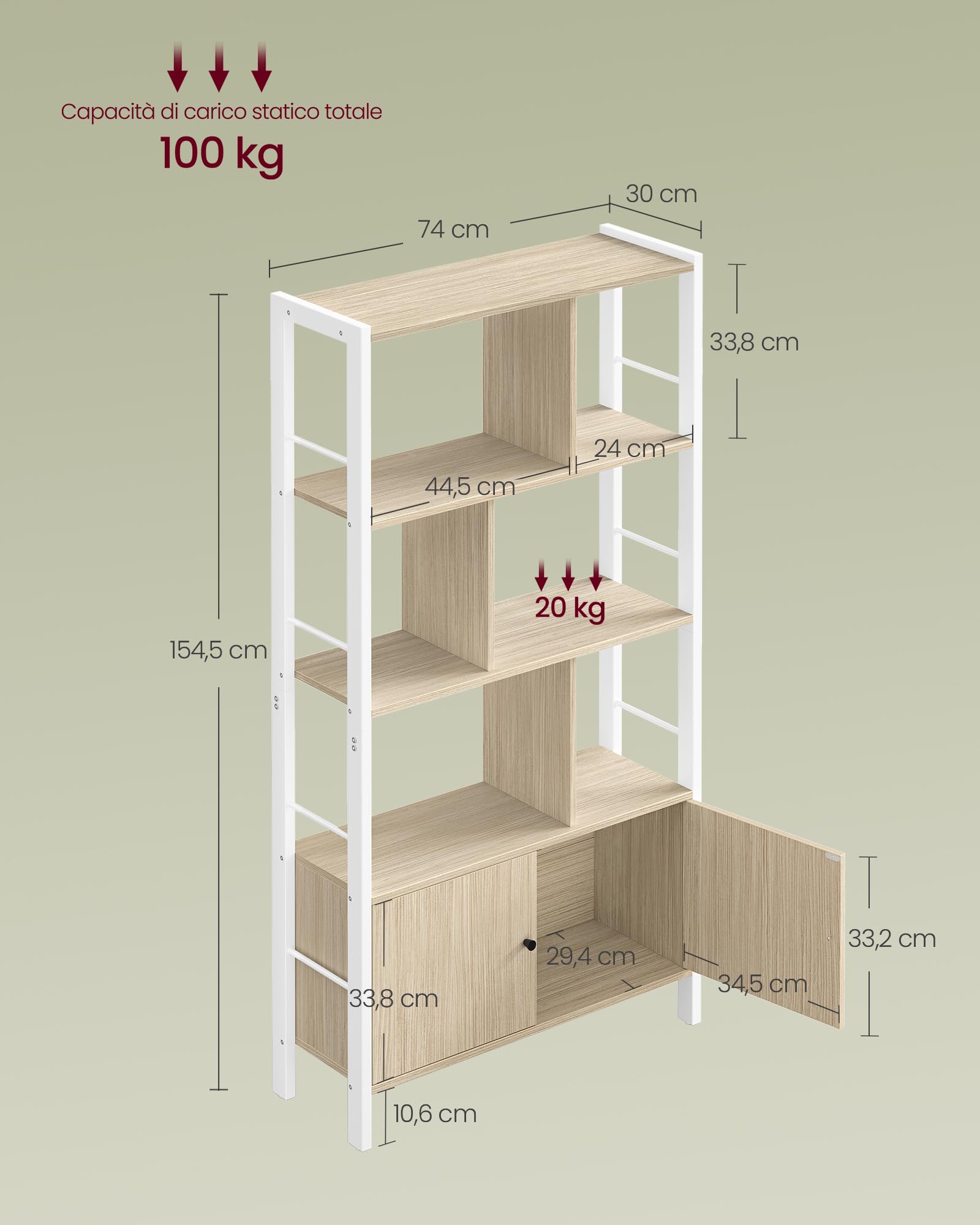 VASAGLE Libreria, Scaffale Portaoggetti, Libreria Verticale a 4 Ripiani, Mobile per Salotto Studio Ufficio Cucina, Struttura in Acciaio, Stile Moderno, Beige Naturale e Bianco Nuvola LBC022LL01