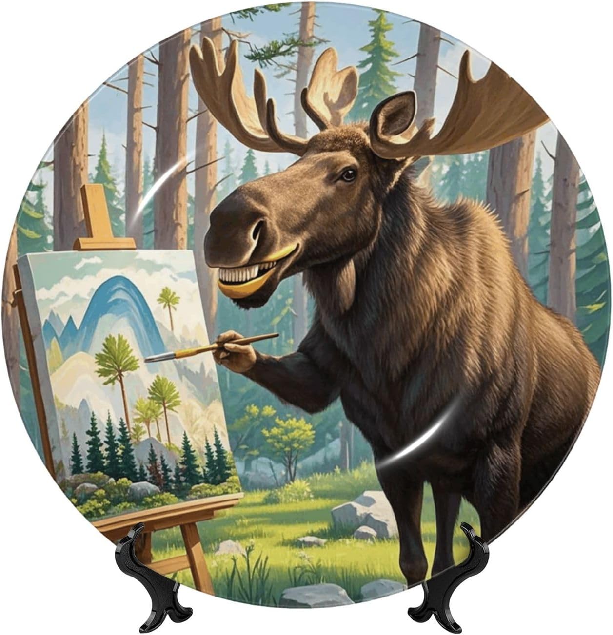 Bone China Decorative Plate with Display moose painting Ceramic Plates Crafts Art Decor Dessert Plate Ceramic Ornament Porcelain Plates for Living Room Kitchen Table Home Decor