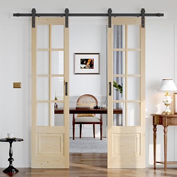 Preassembled 42x84 Double 21x84 Inch Clear Glass French Interior Door with 7Ft Barn Door Hardware Kit Included, Spruce Wood Support DIY Dyeing, Easy Assembly, Save time