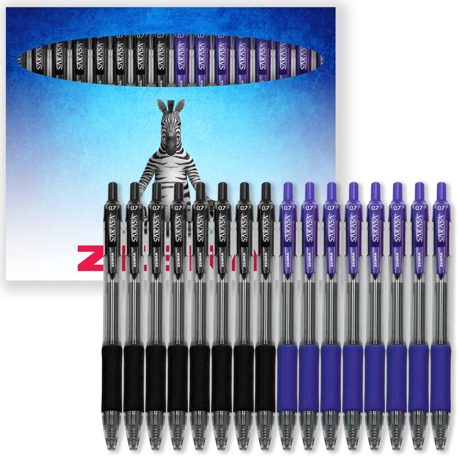Zebra Sarasa Pen - Retractable Gel Ink Rollerball Pens - 0.7mm Nib - In Envelope Gift Packaging - Set of 16 (Black & Blue)