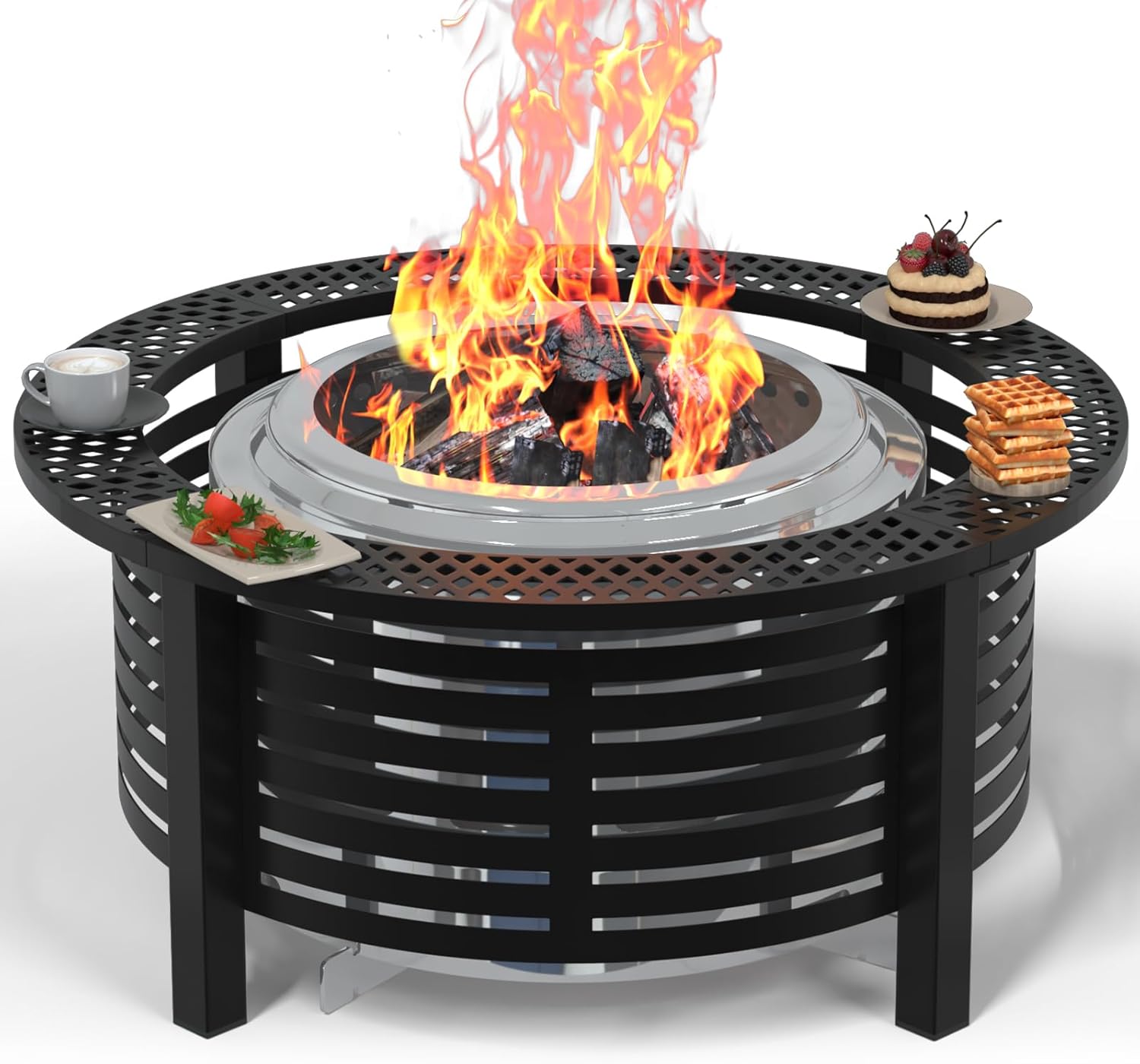 Fire Pit Surround Tabletop for Solo Stove Bonfire & Ranger 2.0 with Heat Shield, 36'' Powder-Coated Iron Surround Solo Stove Accessories for Safety & Extra Space, 25" Inner Fits Most Firepits, Black