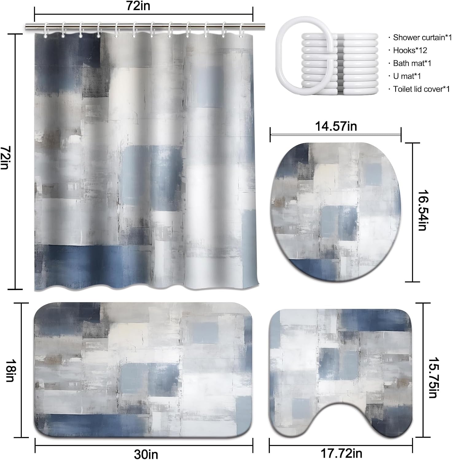 Lnond 4Pcs Bathroom Sets with Shower Curtain and Rugs, Blue Grey Abstract Bathroom Shower Curtain Sets, Navy Blue Modern Art Bathroom Sets with Rugs and Accessories