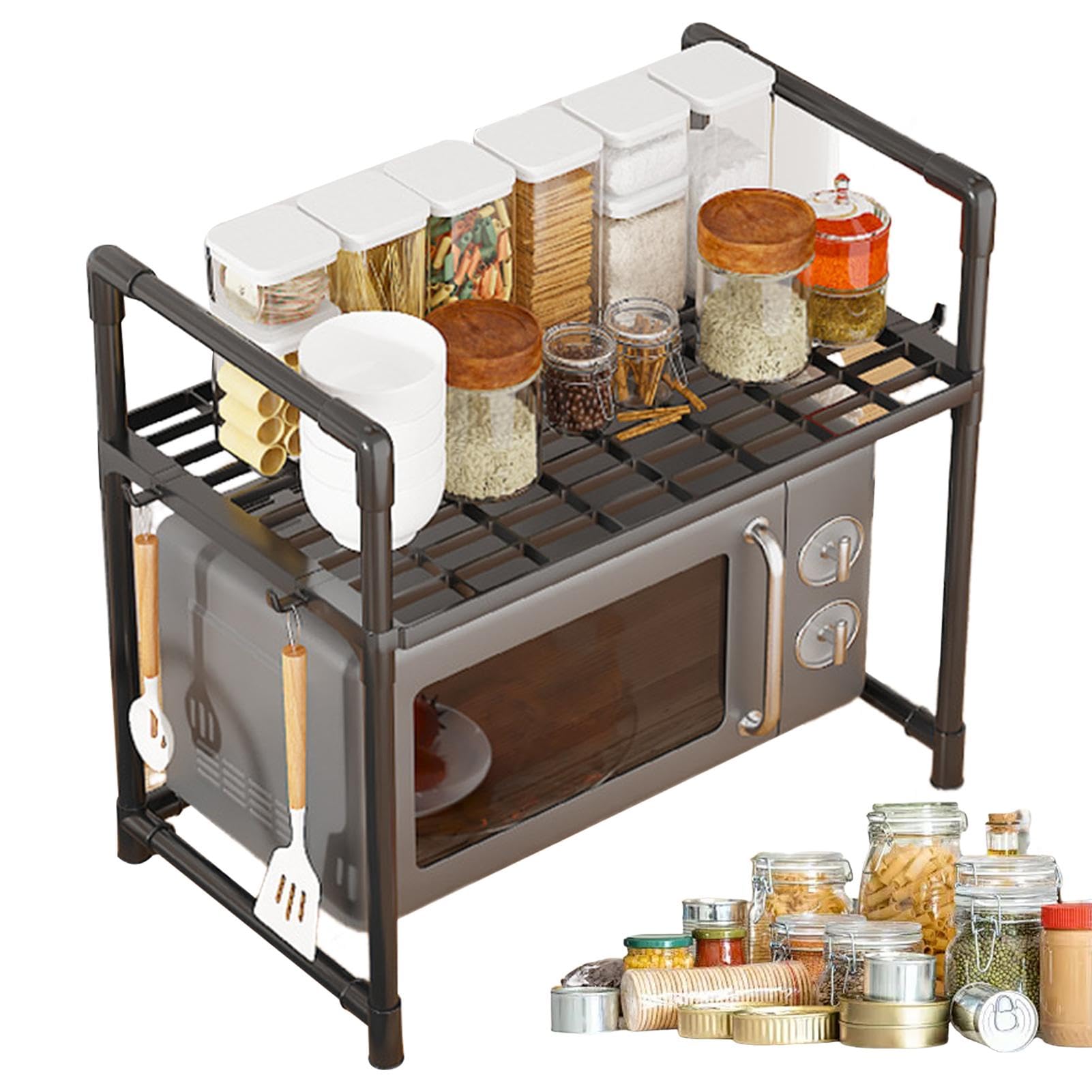 Support pour micro-ondes | Étagère à micro-ondes, organisateur de comptoir de cuisine, étagère multifonctionnelle pour micro-ondes avec crochets et rangement, étagère de cuisine peu