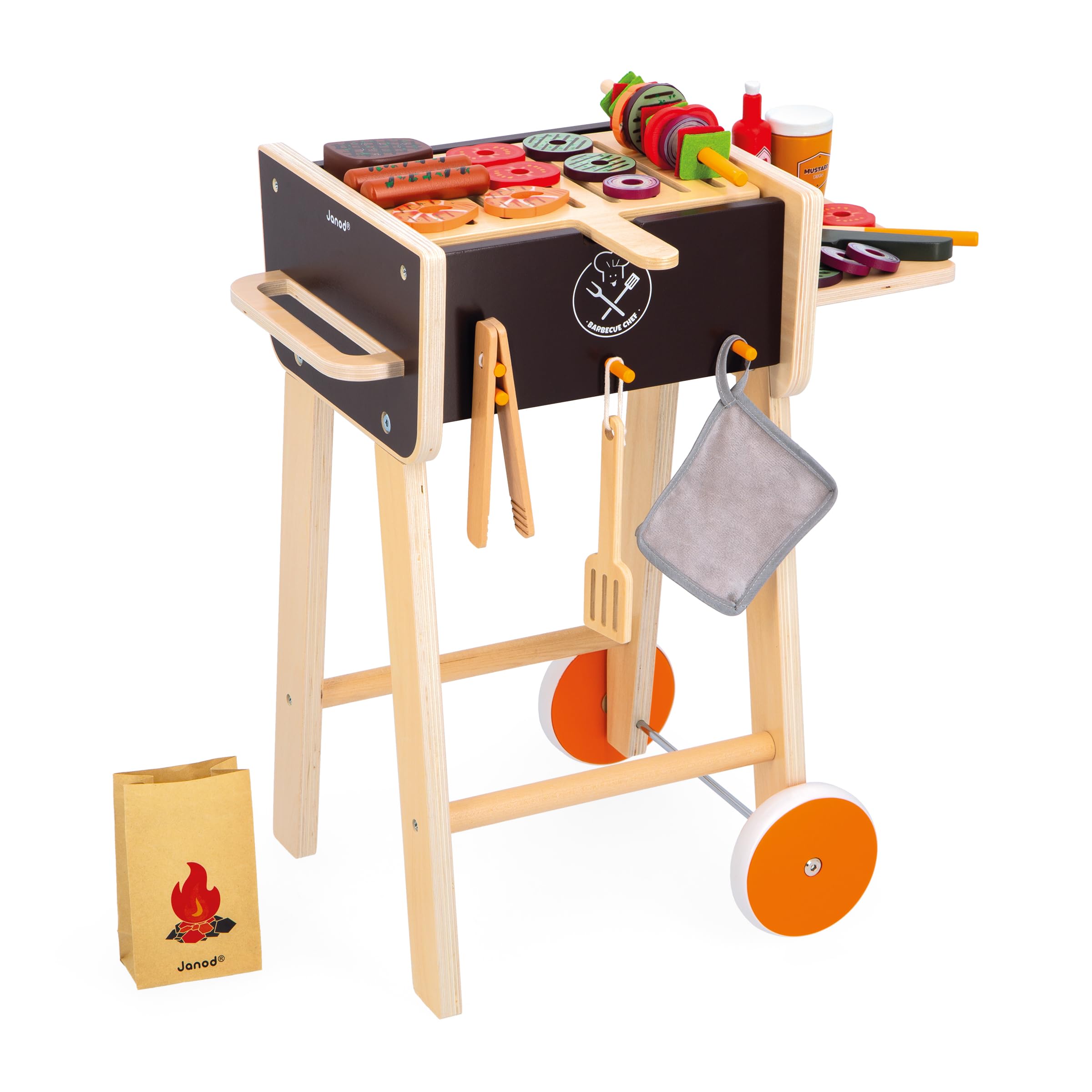 Janod - J06619 Wooden Barbecue - Imitation Kitchen and Dinette Toy for Children - 57 Accessories Included - 2 Silent Wheels - Ages 3 and Above