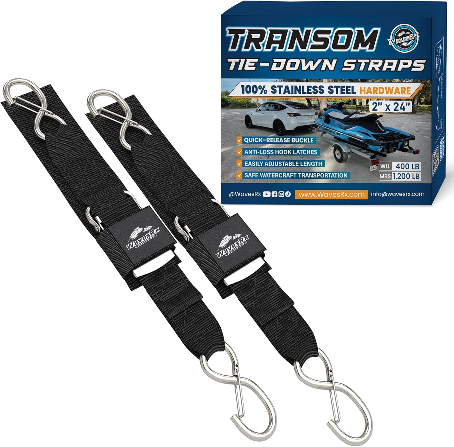 WavesRx Stainless Steel Boat &amp; Jet Ski Transom Tie Down Straps – 2" x 24" (2PK) – Heavy Duty Trailer Tie Downs with Quick Release Buckles – 1,200 lbs MBS – Marine-Grade PWC &amp; Boat Trailer Accessories