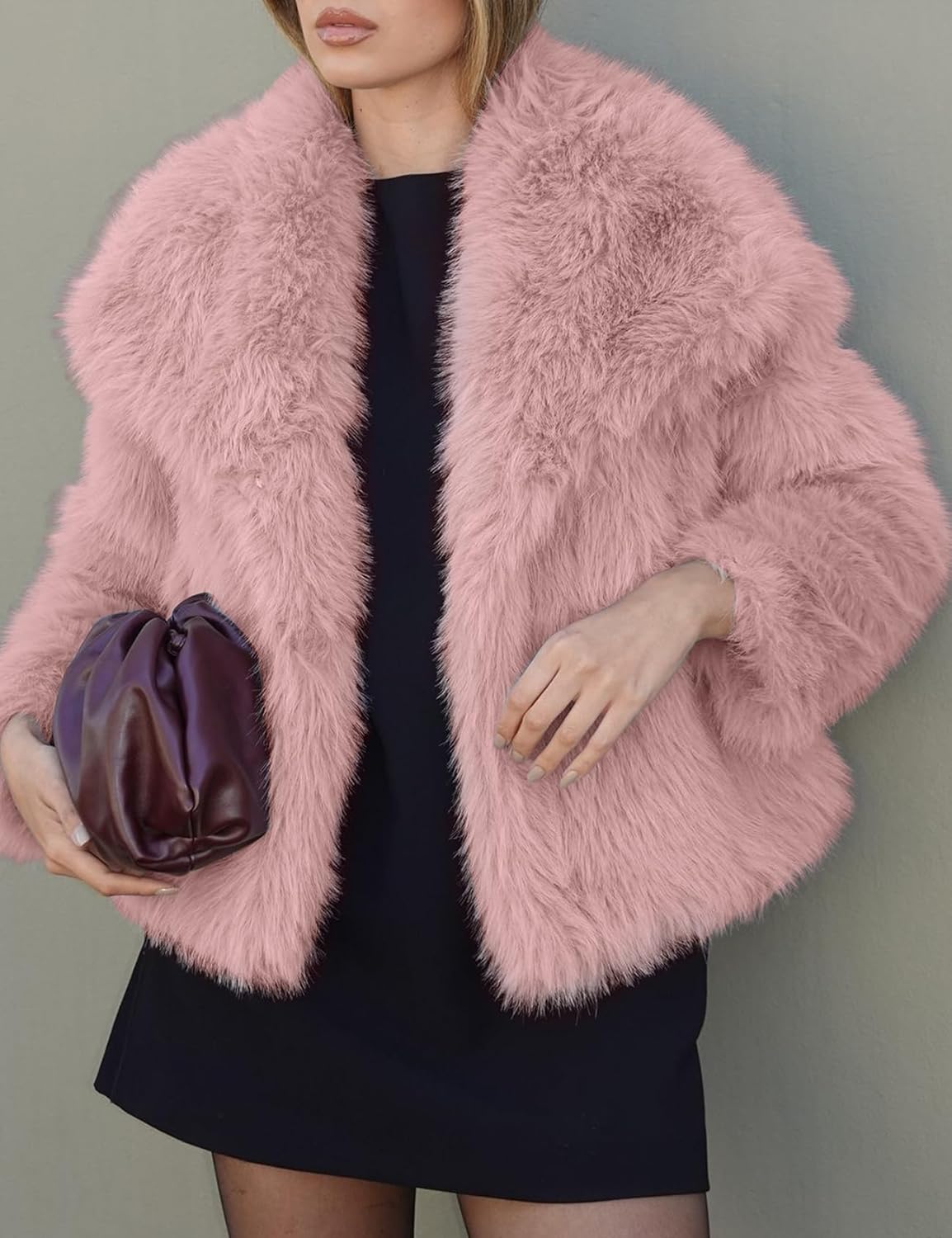 Yimoon Women's Cropped Faux Fur Jacket Lapel Open Front Shaggy Furry Coat 2024 Winter Warm Fluffy Overcoat(Pink-S) - Image 2