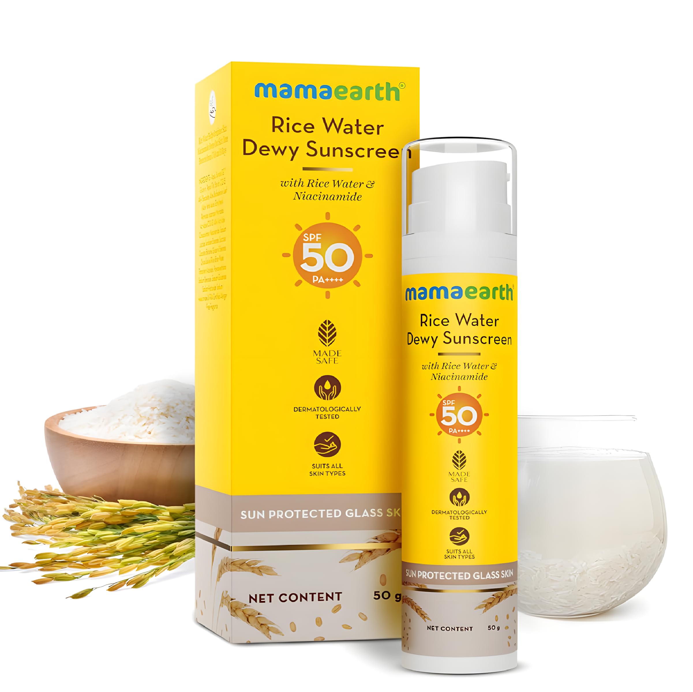 Mamaearth Rice Water Dewy Sunscreen with SPF 50 PA++++ | UVA & UVB Protection | Tan Protection | Gives Glass Skin Glow | No White Cast | For All Skin Types | 50 g