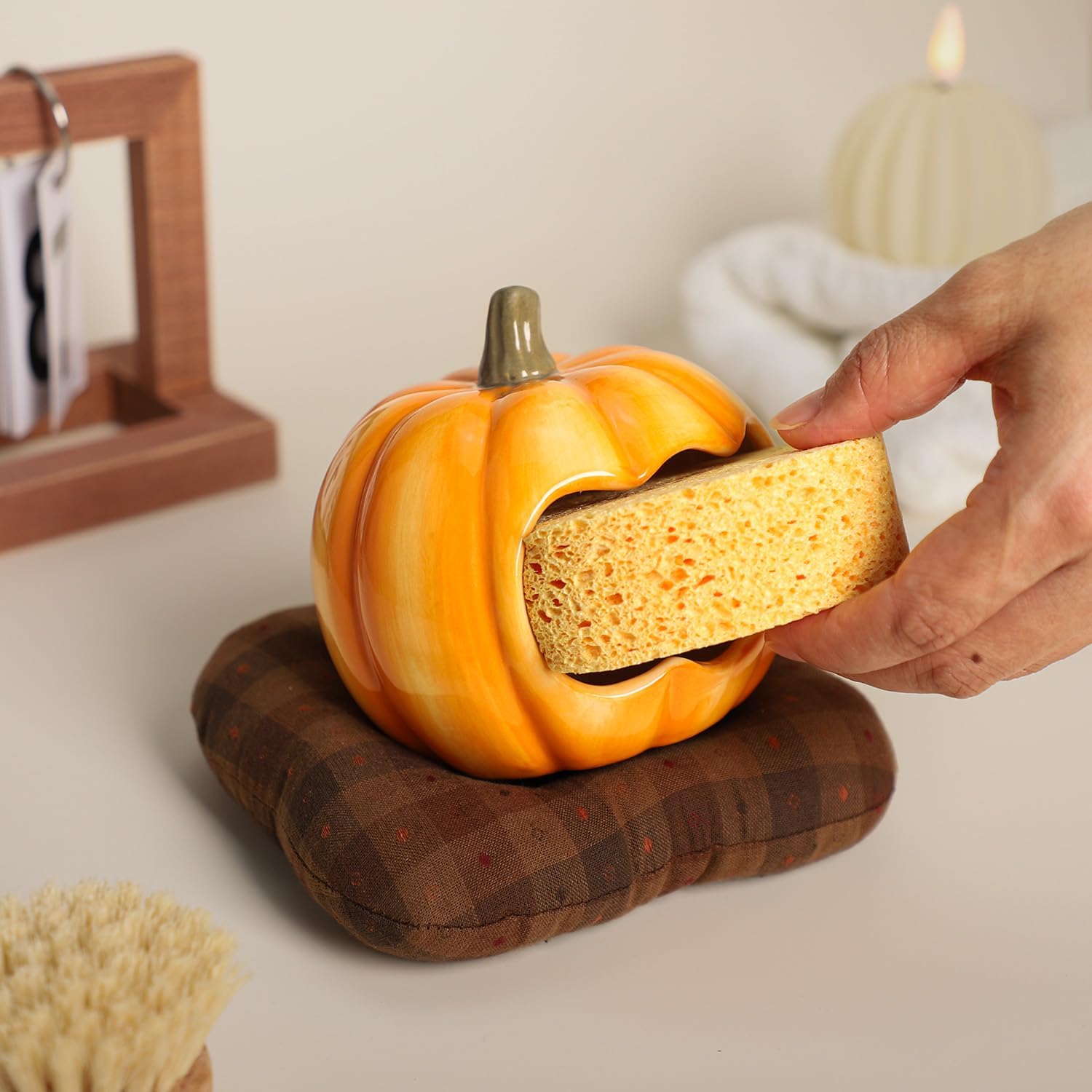 WAIT FLY Ceramic Pumpkin Sponge Holder for Kitchen Sink Counter, Sponge Dish Rack, Compact Sink Caddy Organizer image 4