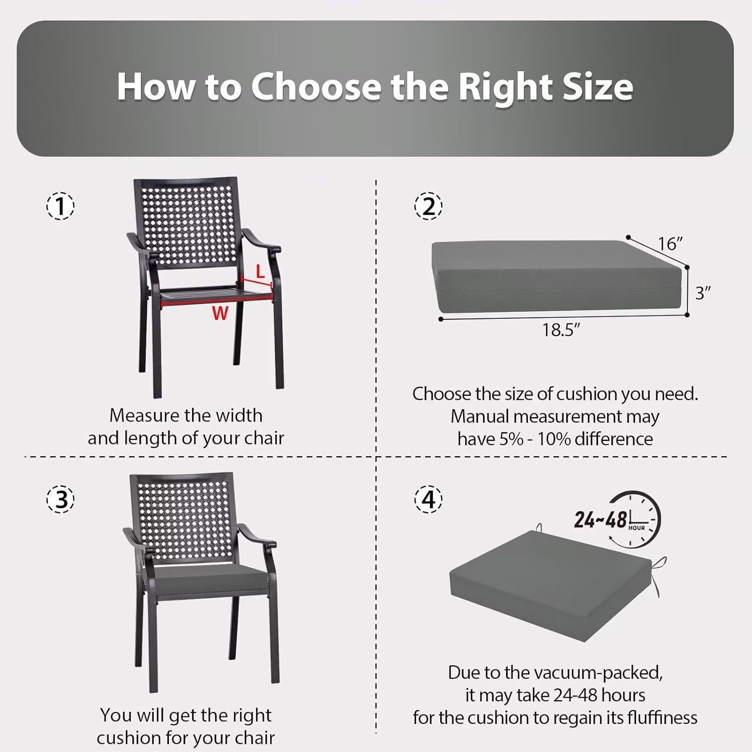 Outdoor Chair Cushions Set of 2, 18.5 x 16 Inch Patio Chair Cushions, Water Resistant, Non-Slip Ties (Dark Gray)