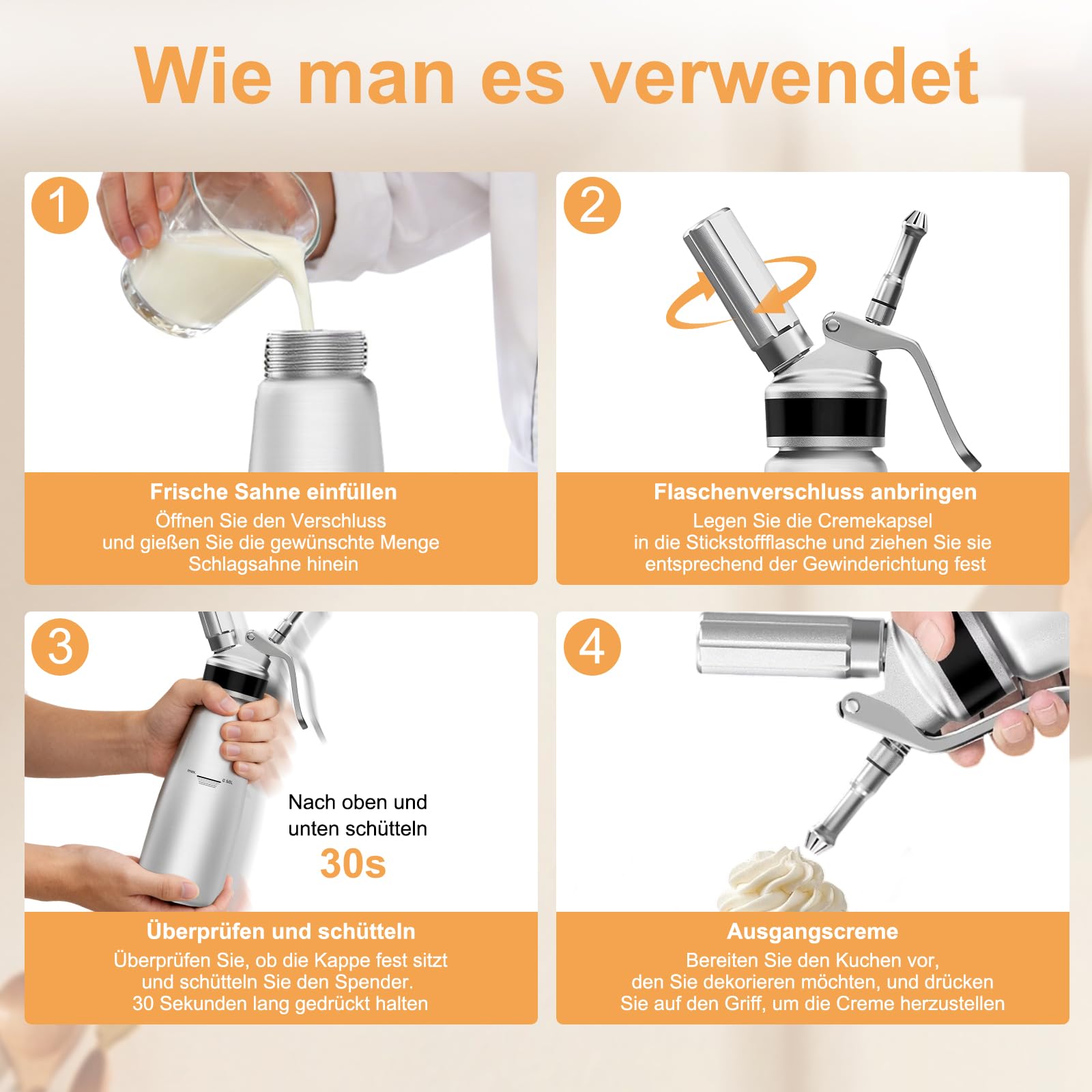 Aluminium Sahnespender, Auslaufsicher, mit Sahnekapseln & Reinigungsbürste, 500 ml