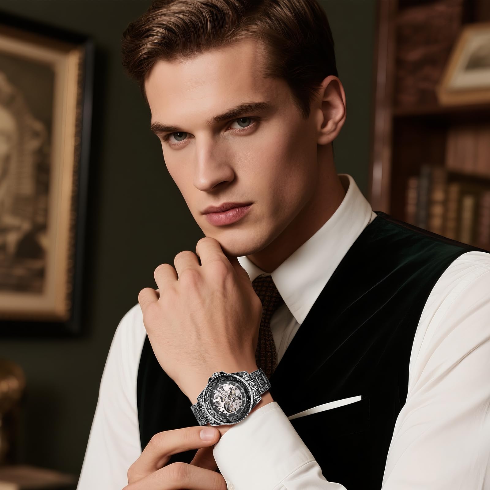 JewelryWe Zegarek męski w stylu vintage, szkielet: 2 sztuki, 36 godzin, rezerwa biegów, automatyczny, mechaniczny, ze stali nierdzewnej, automatyczny zegarek ze świecącymi wskazówkami, skala